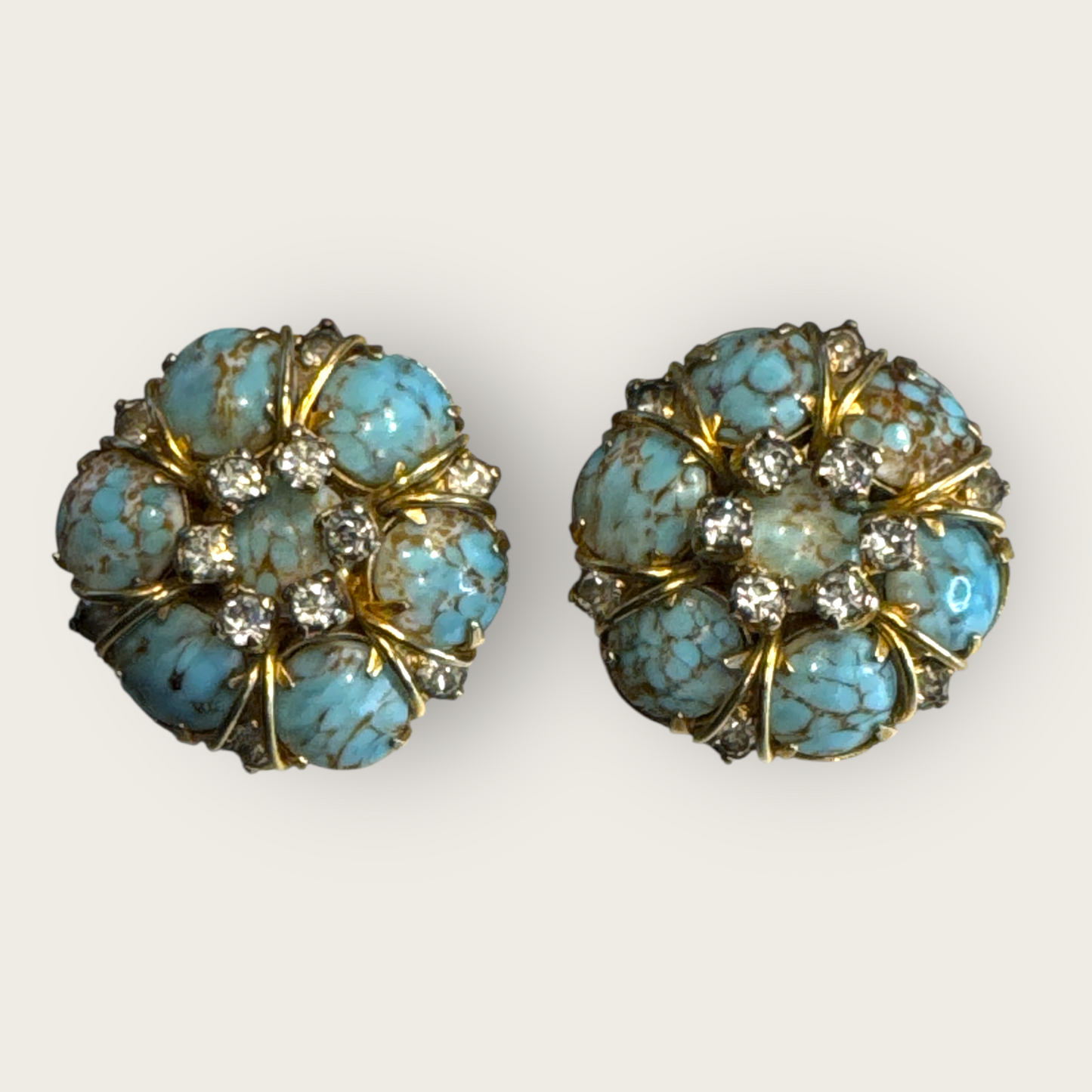 Vintage Hattie Carnegie Blue Matrix Glass & Rhinestone Earrings – Signed Carnegie