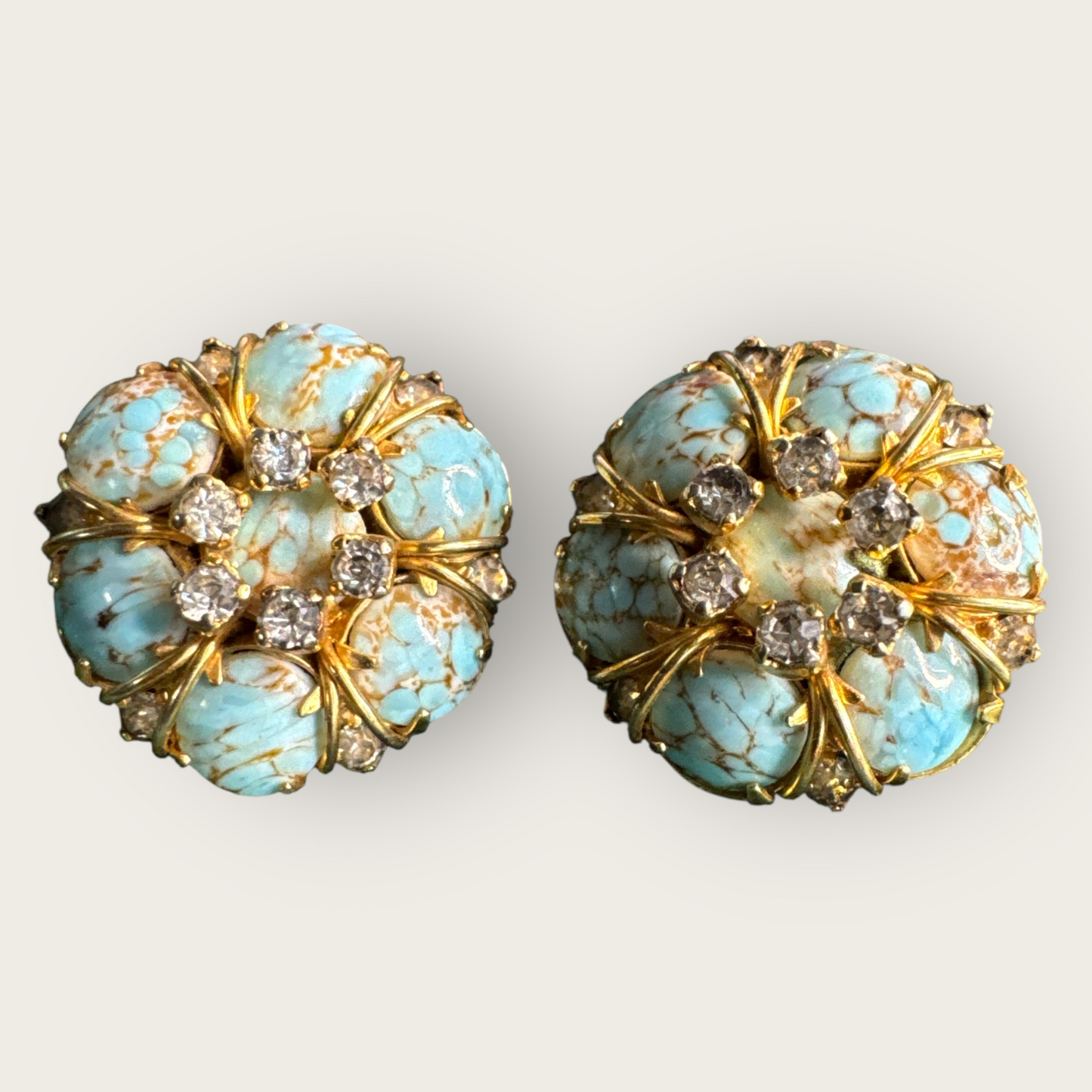 Vintage Hattie Carnegie Blue Matrix Glass & Rhinestone Earrings – Signed Carnegie