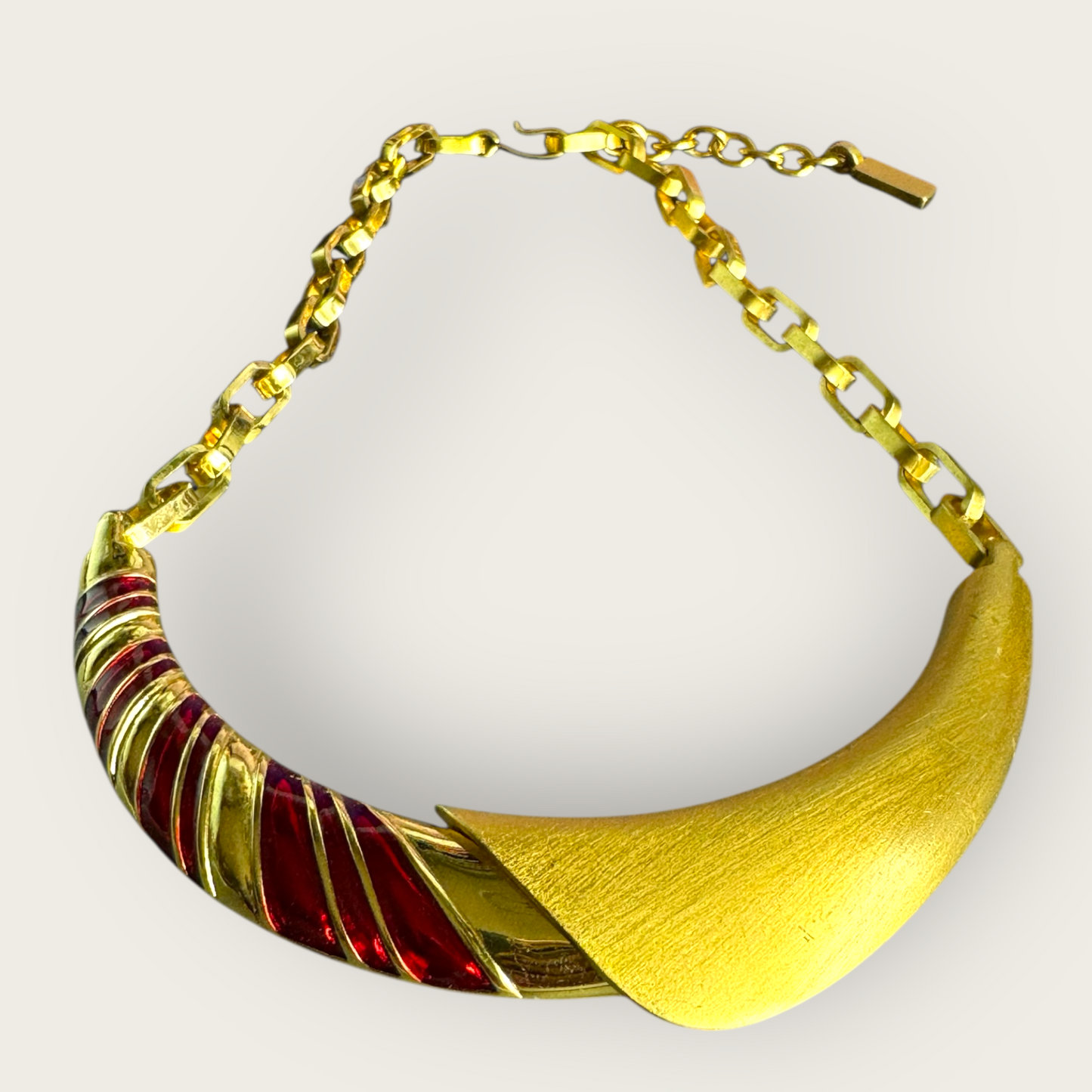 Monet 1980s Red Enamel Gold-Tone Statement Necklace, Sculptural Bar Design, Signed