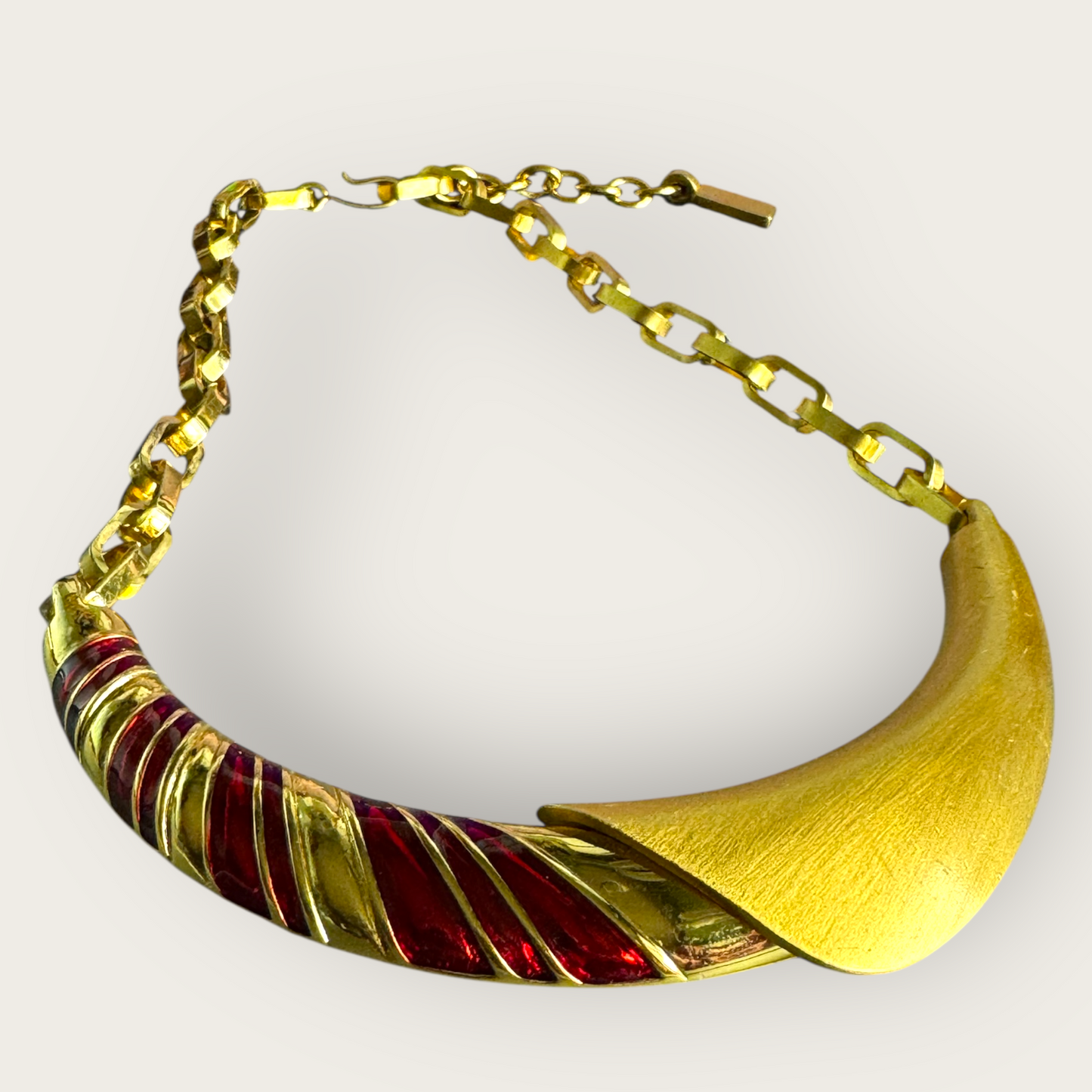 Monet 1980s Red Enamel Gold-Tone Statement Necklace, Sculptural Bar Design, Signed