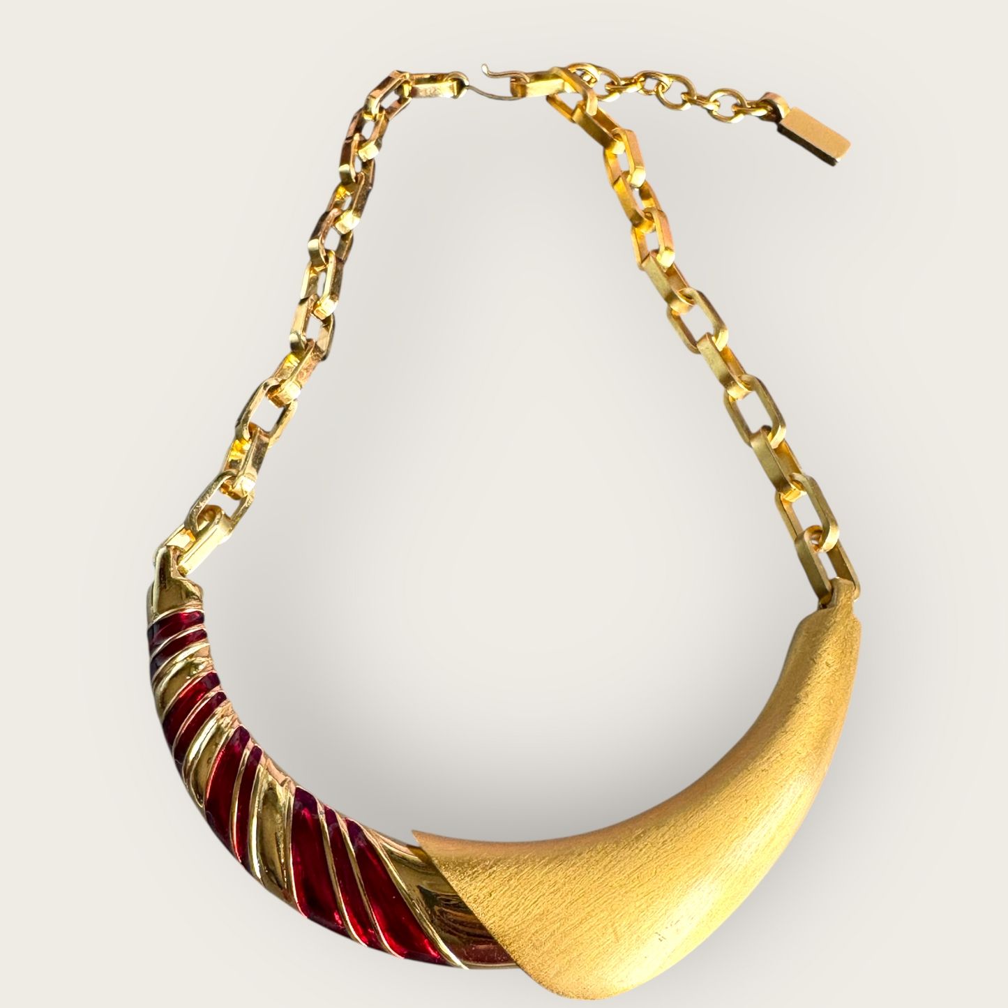 Monet 1980s Red Enamel Gold-Tone Statement Necklace, Sculptural Bar Design, Signed