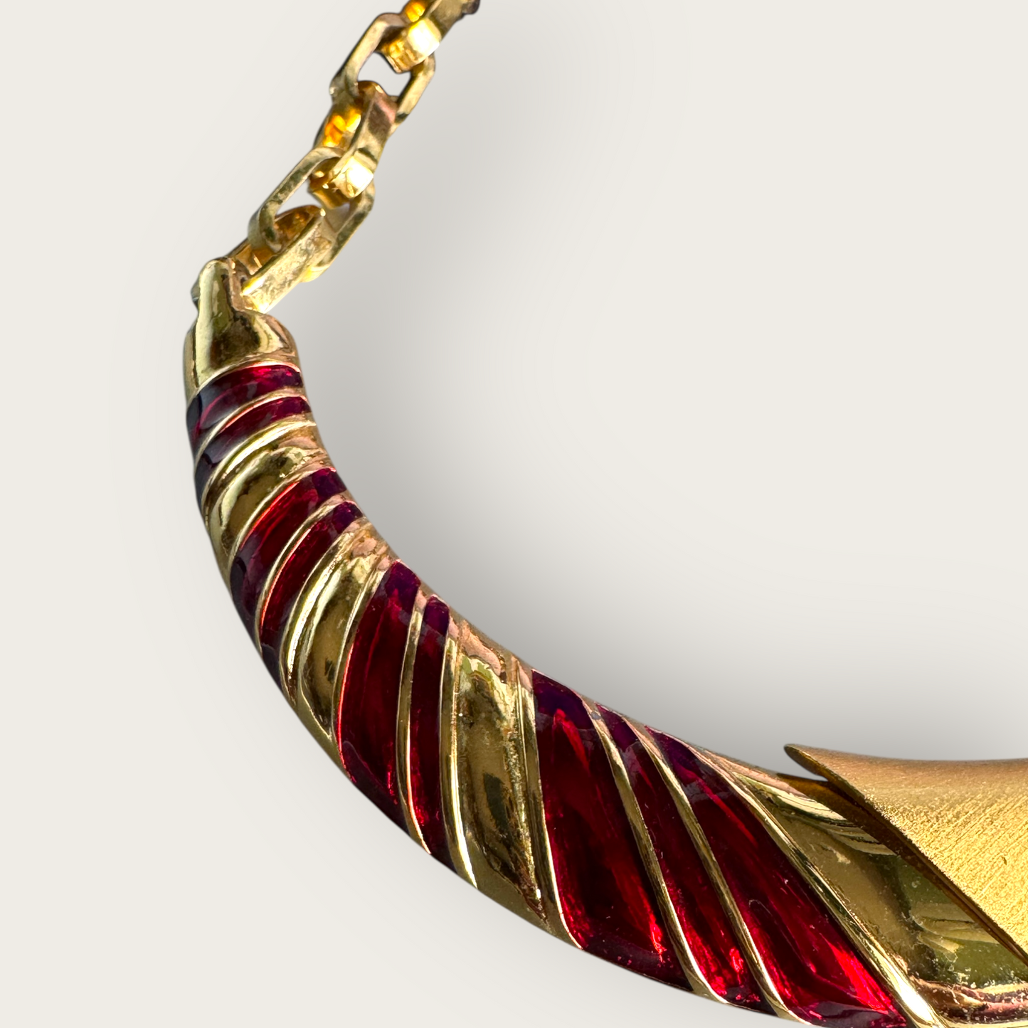 Monet 1980s Red Enamel Gold-Tone Statement Necklace, Sculptural Bar Design, Signed