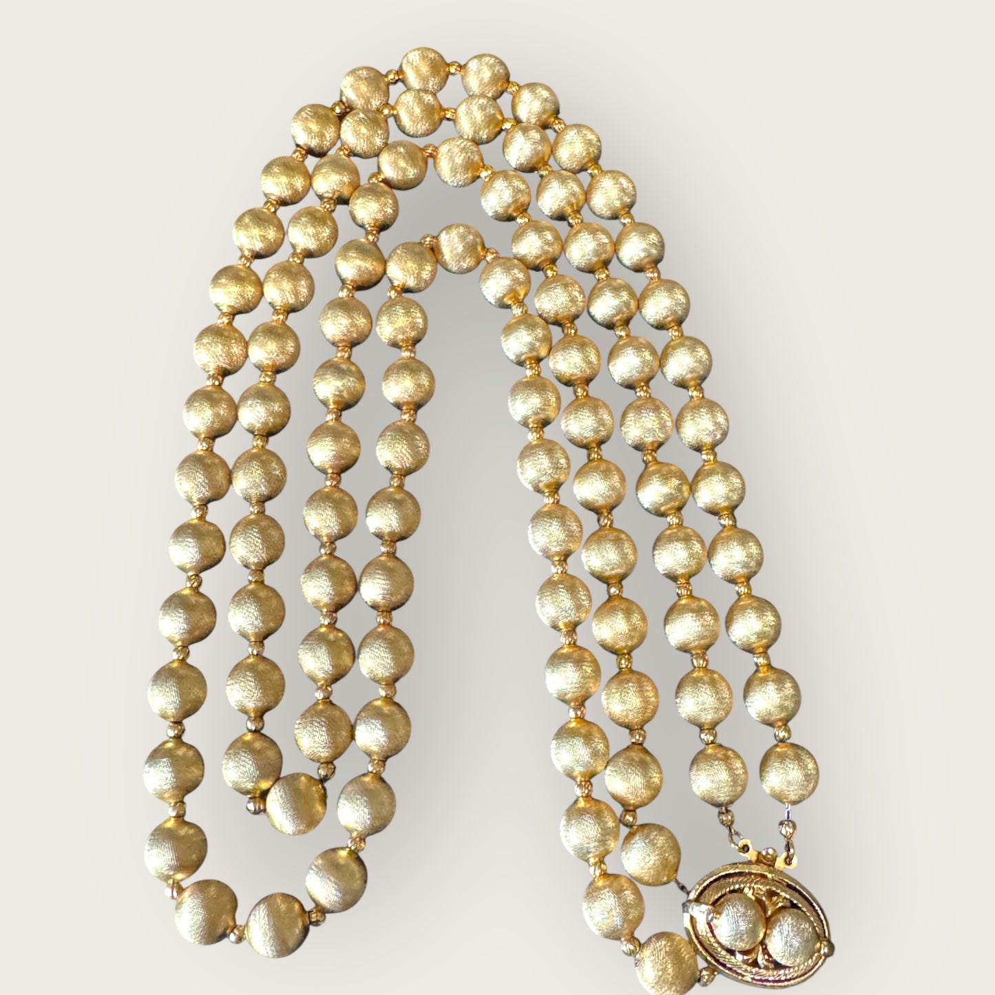 Vendôme 1960s Double-Strand Textured Gold Bead Necklace, Signed, 23” & 25”