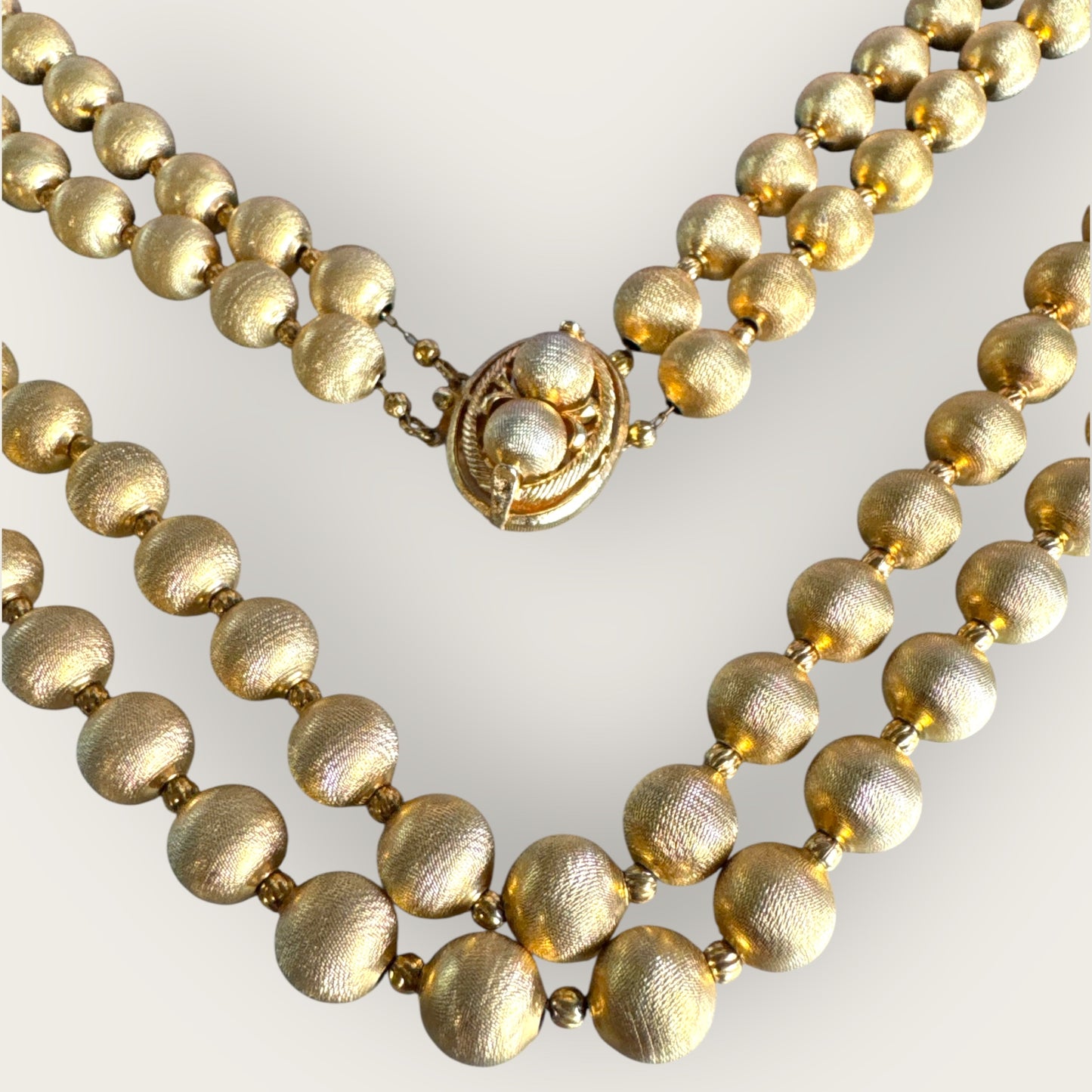 Vendôme 1960s Double-Strand Textured Gold Bead Necklace, Signed, 23” & 25”