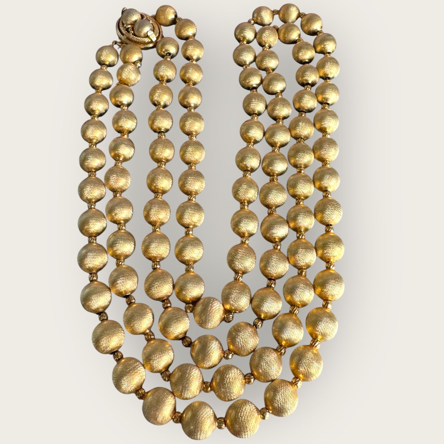 Vendôme 1960s Double-Strand Textured Gold Bead Necklace, Signed, 23” & 25”