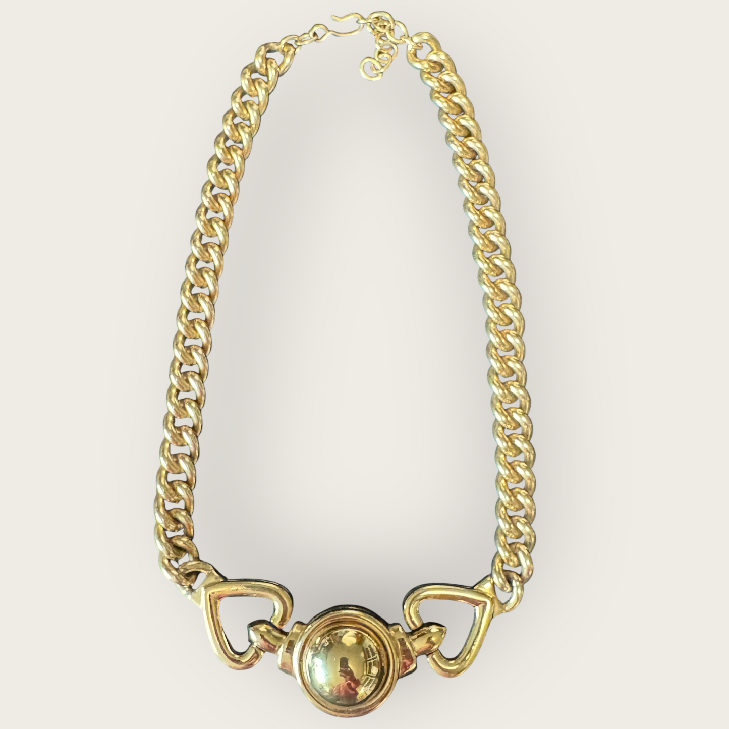Vintage 1980s Bold Gold Tone Chain Link Necklace with Domed Centerpiece | Chunky Adjustable Collar | Designer Signed Monet