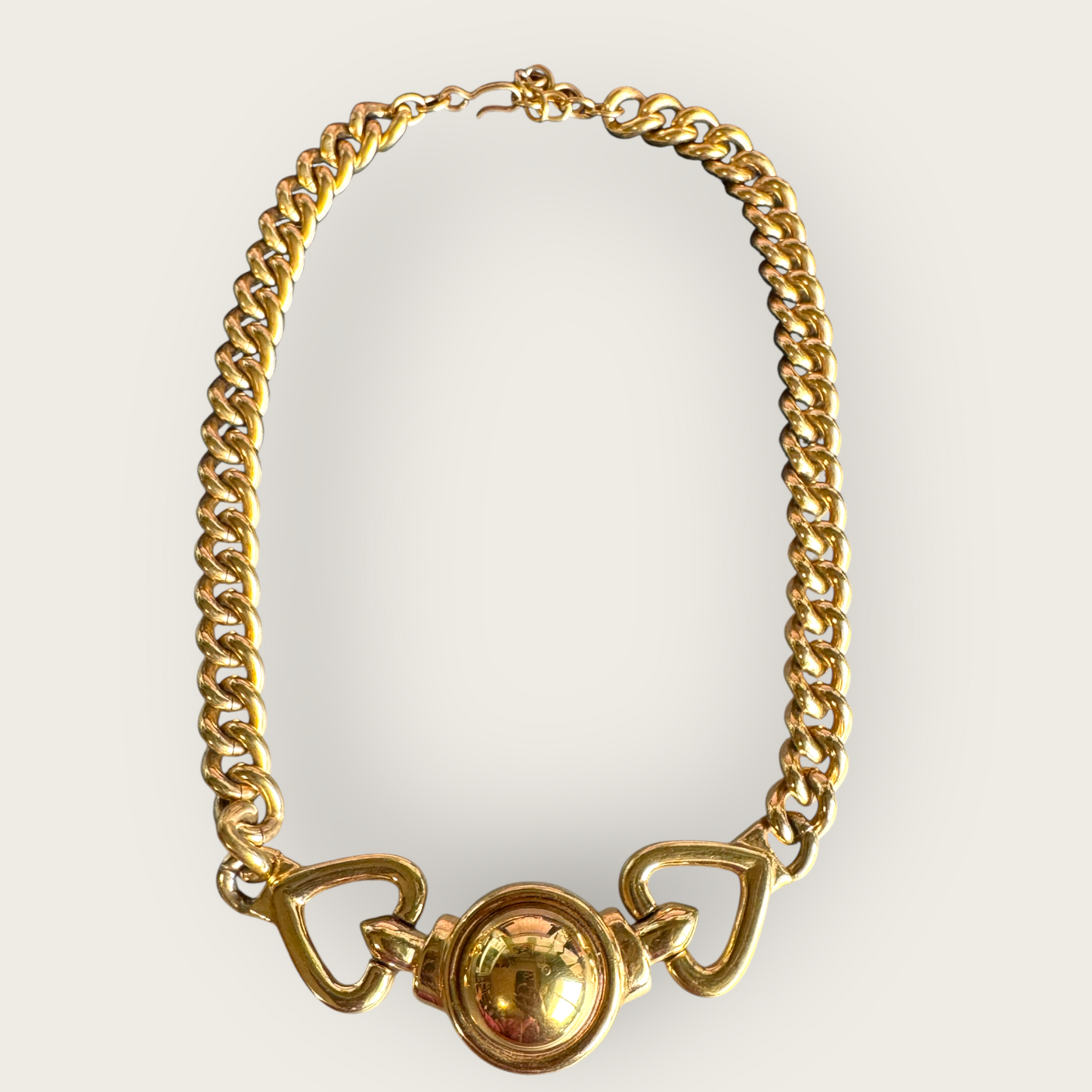 Vintage 1980s Bold Gold Tone Chain Link Necklace with Domed Centerpiece | Chunky Adjustable Collar | Designer Signed Monet