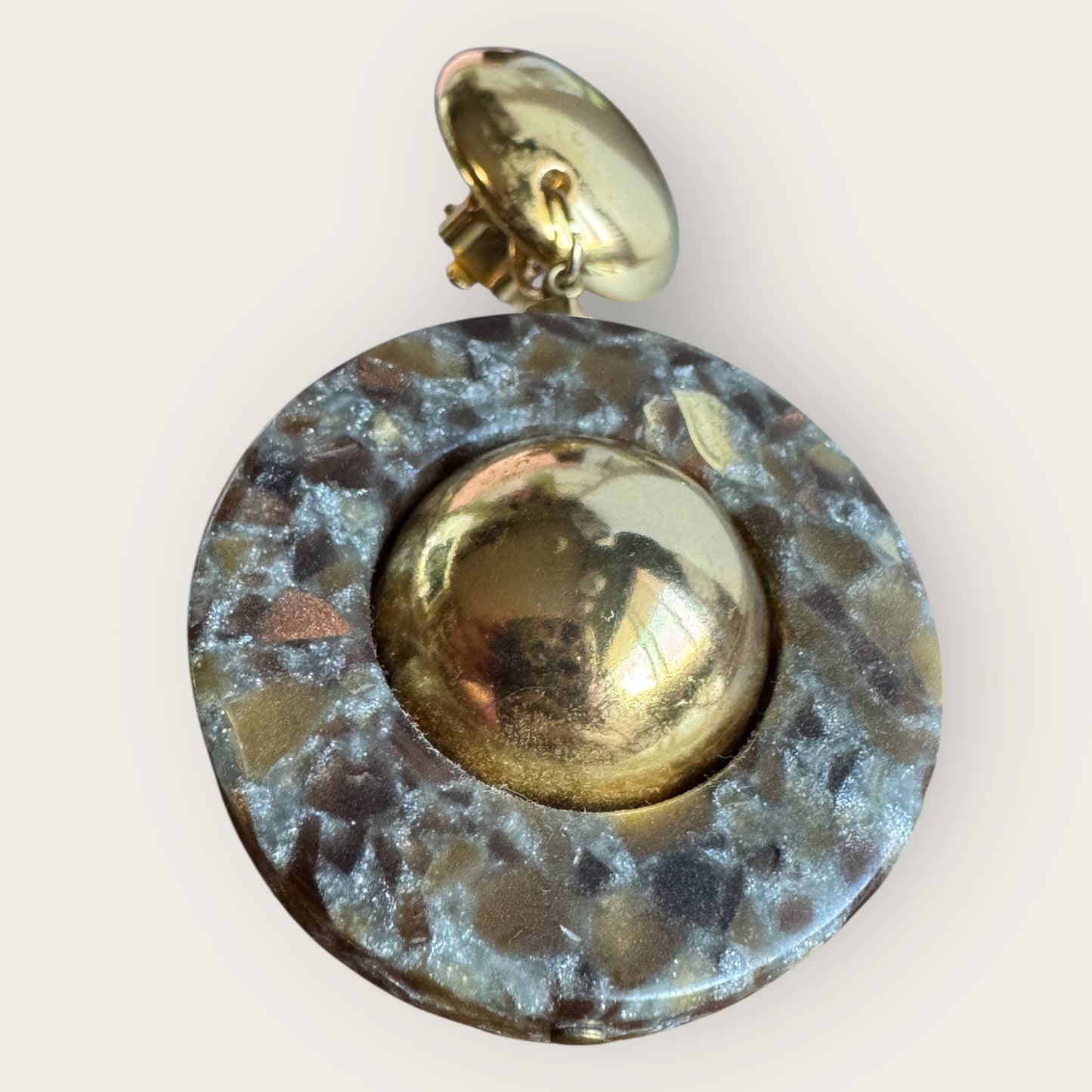 Vintage 1980s Made in Italy Statement Earrings | Bold Gold Tone Domes & Granite-Look Acrylic | 3” Runway Clip-On Drops | Designer Style