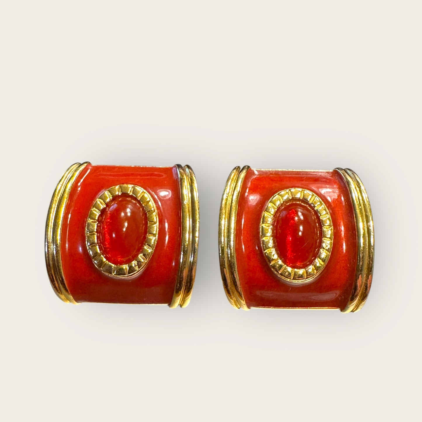 Vintage Avon Red Enamel & Cabochon Clip-On Earrings, 1980s Bold Statement Jewelry