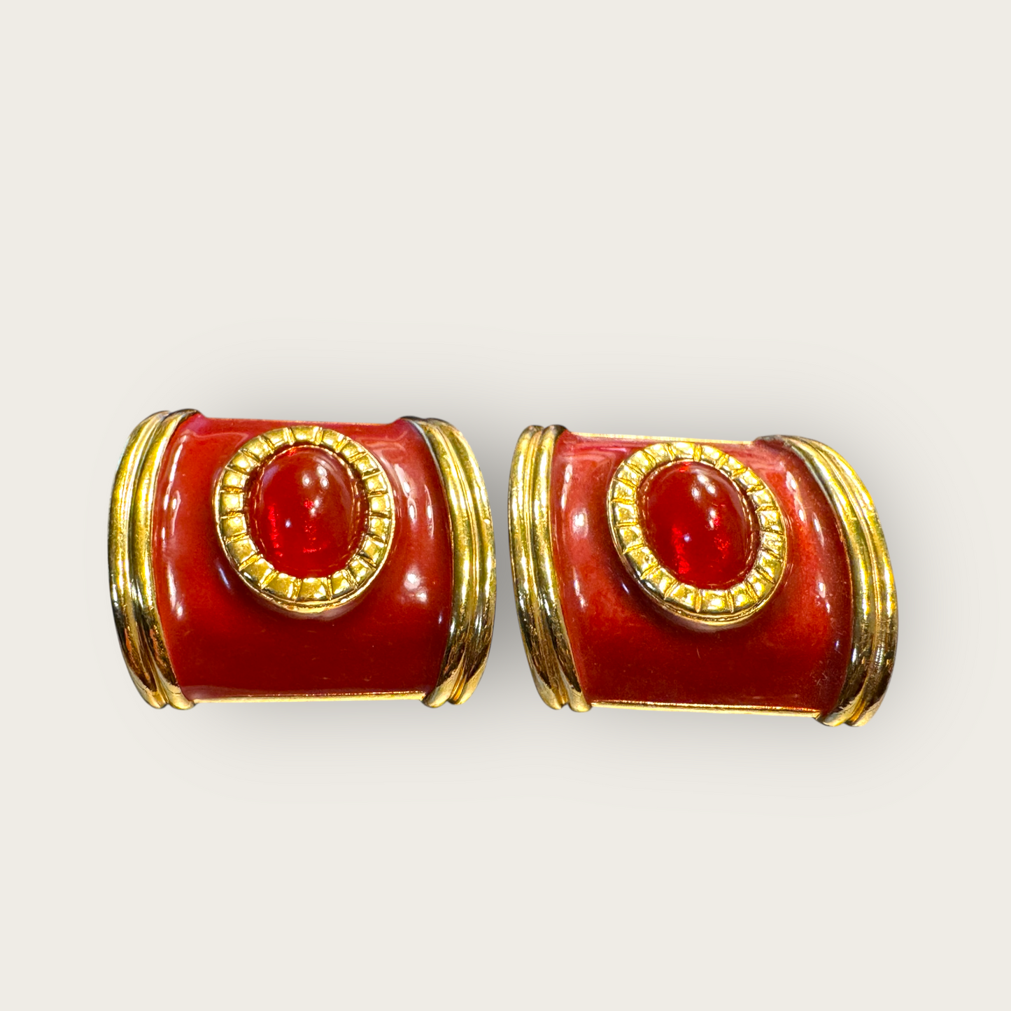 Vintage Avon Red Enamel & Cabochon Clip-On Earrings, 1980s Bold Statement Jewelry