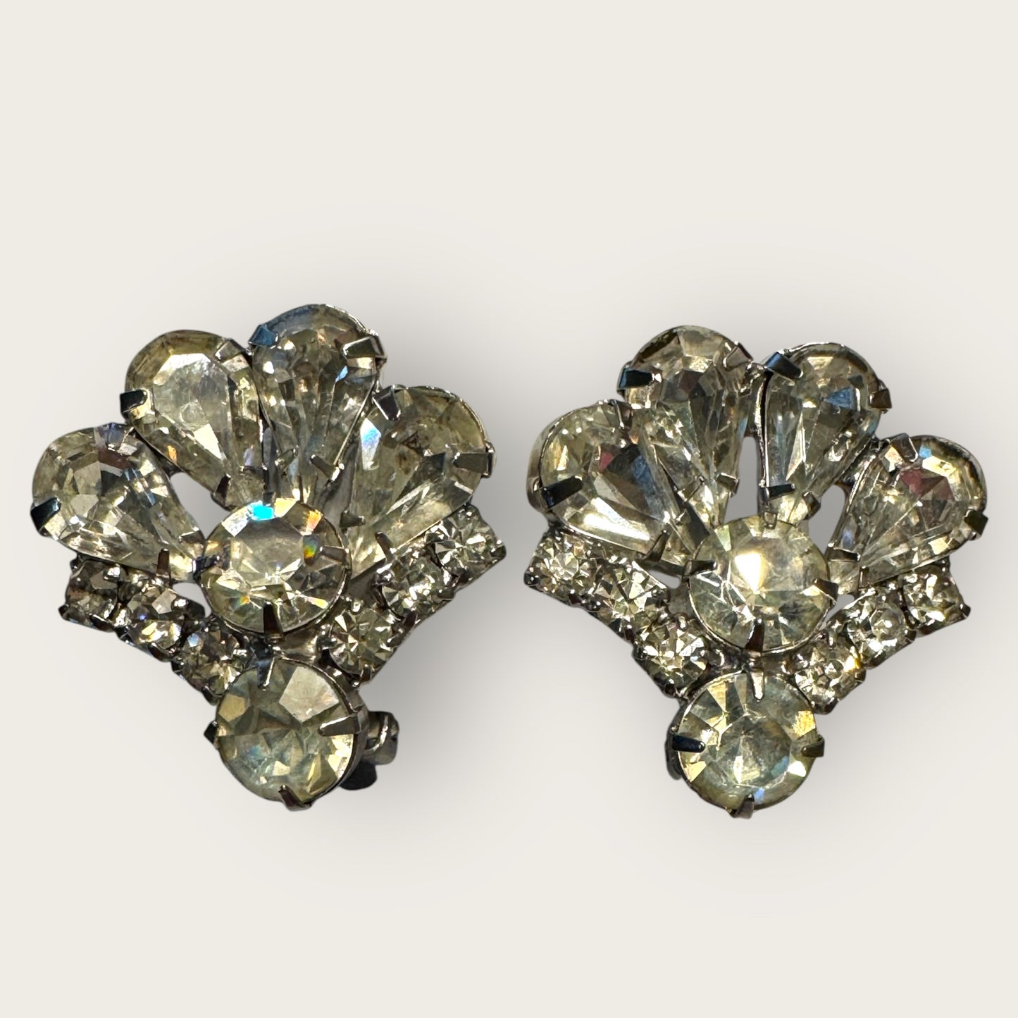 Vintage 1950s Rhinestone Fan Earrings, Mid-Century Clip-On Sparkling Costume Jewelry