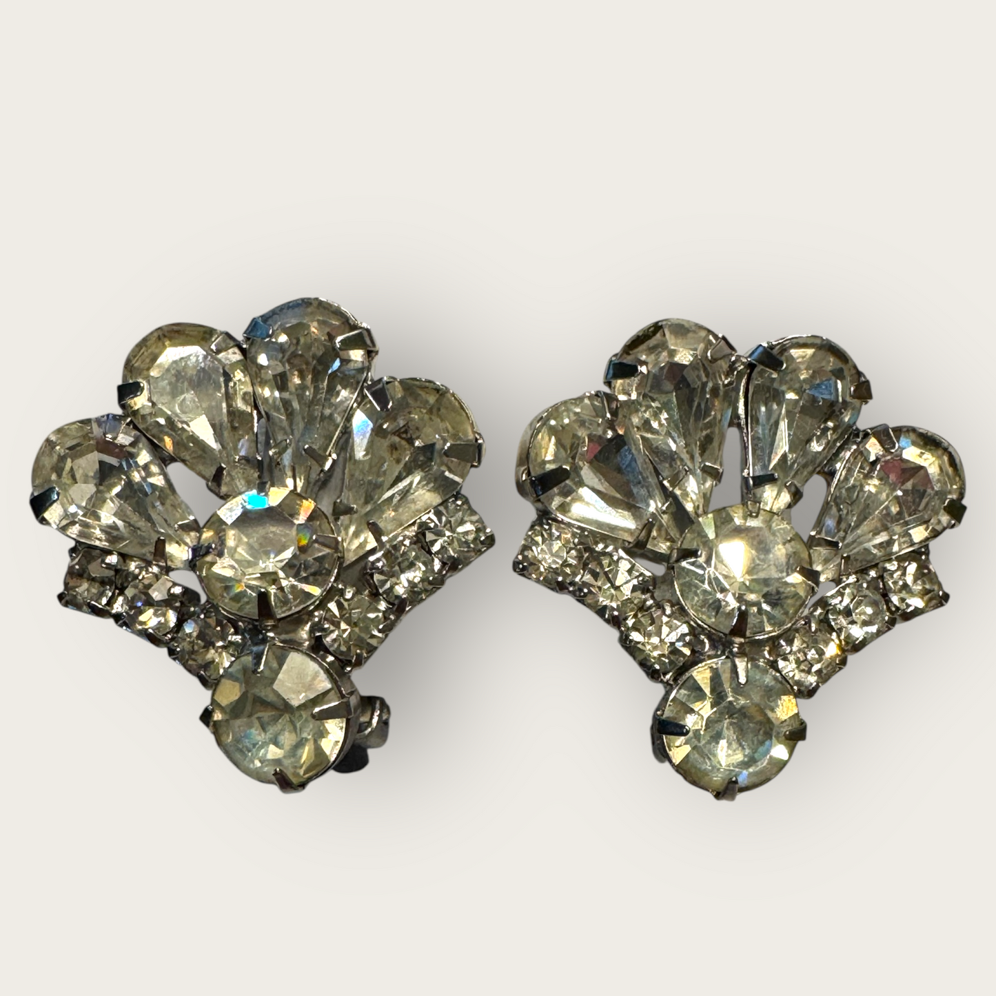 Vintage 1950s Rhinestone Fan Earrings, Mid-Century Clip-On Sparkling Costume Jewelry