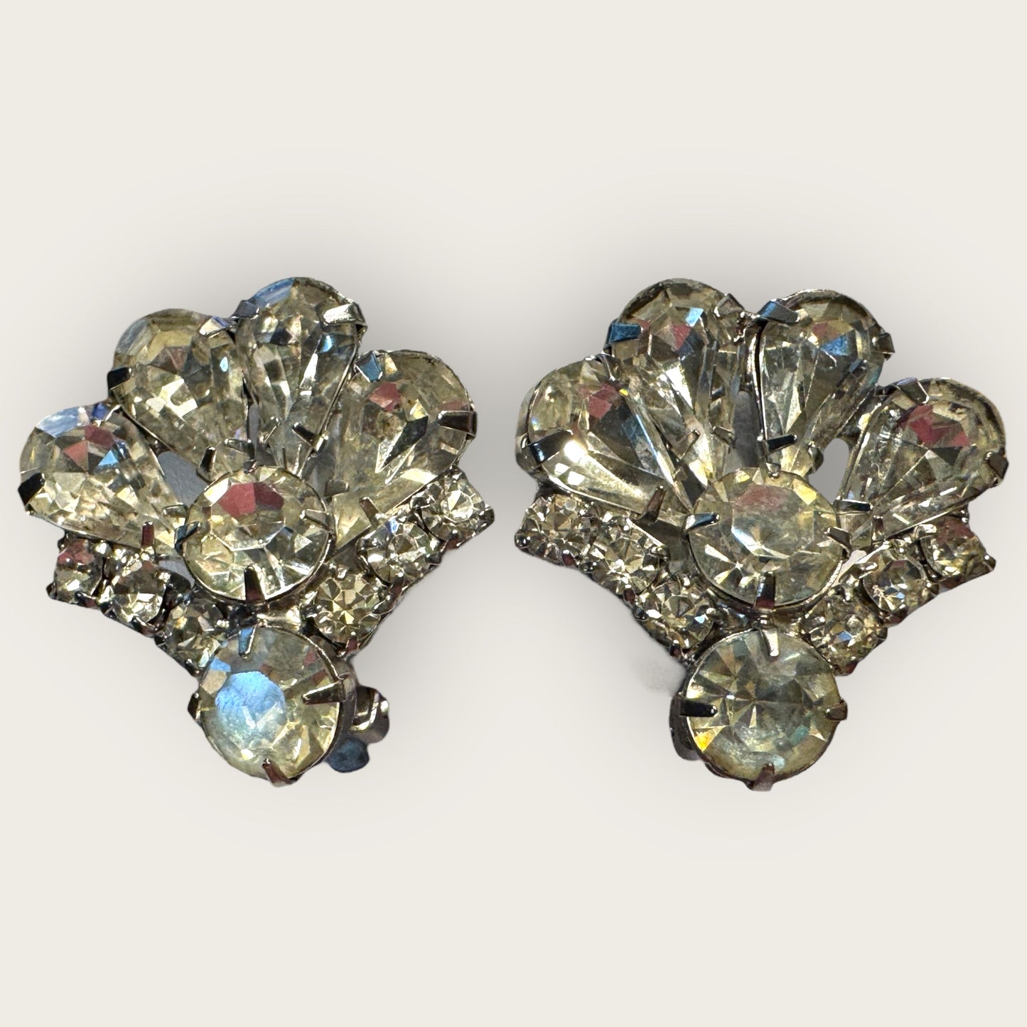 Vintage 1950s Rhinestone Fan Earrings, Mid-Century Clip-On Sparkling Costume Jewelry