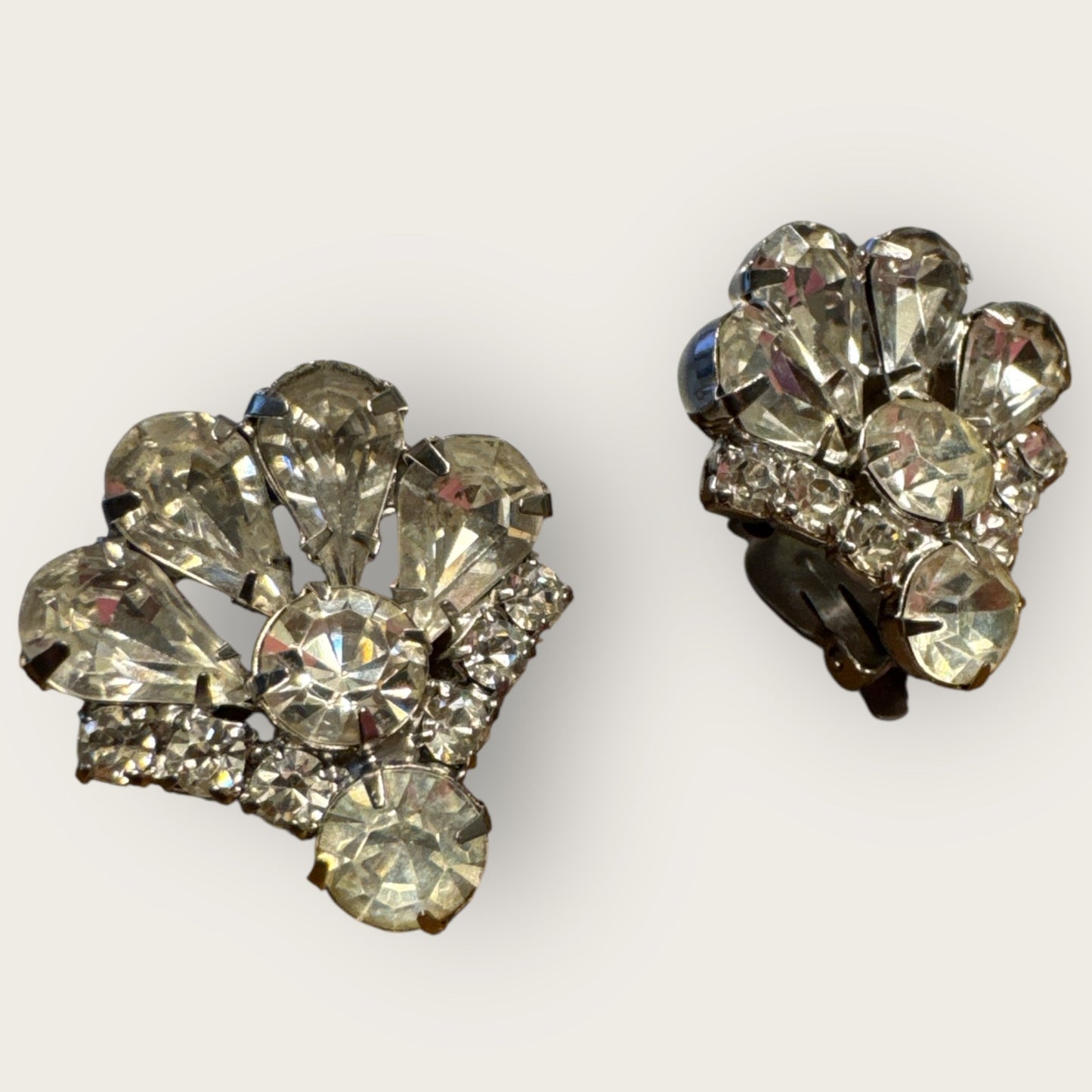 Vintage 1950s Rhinestone Fan Earrings, Mid-Century Clip-On Sparkling Costume Jewelry