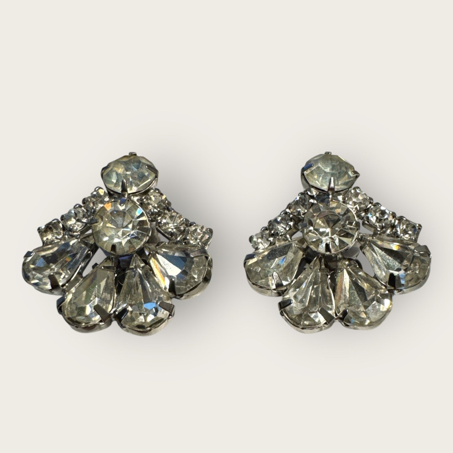 Vintage 1950s Rhinestone Fan Earrings, Mid-Century Clip-On Sparkling Costume Jewelry