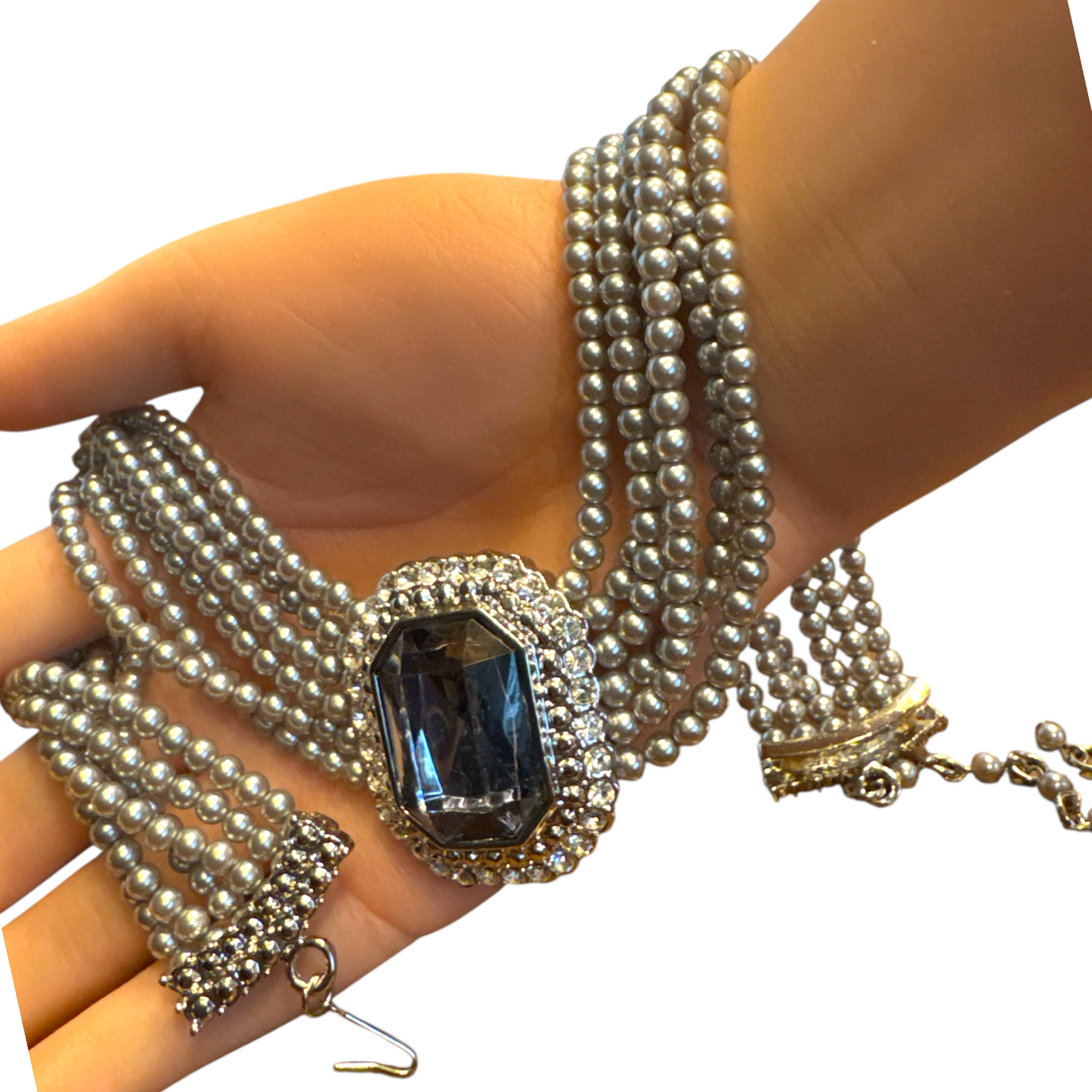 Vintage Six-Strand Gray Glass Pearl Necklace with Large Cushion-Cut Glass Centerpiece & Crystal Rhinestones