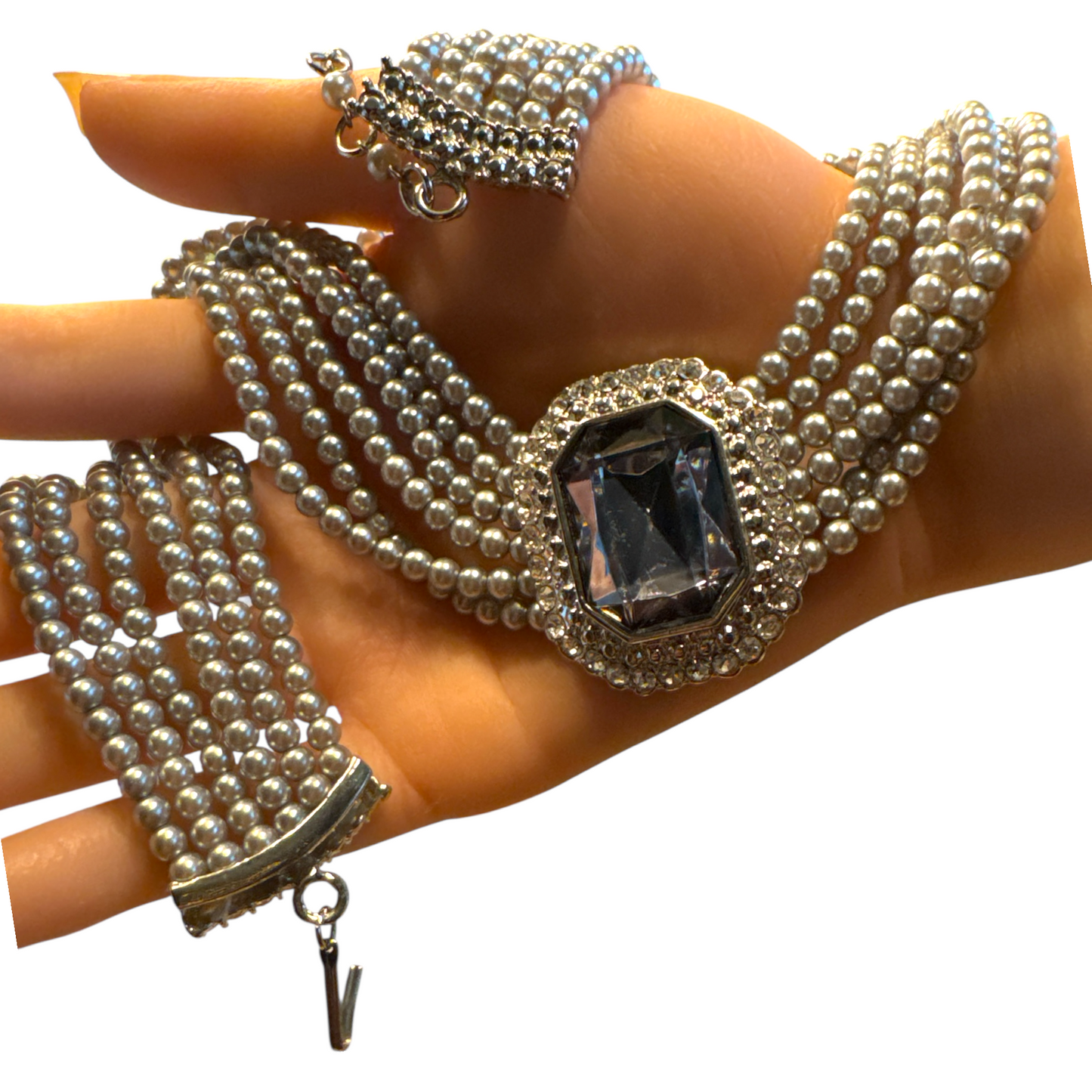 Vintage Six-Strand Gray Glass Pearl Necklace with Large Cushion-Cut Glass Centerpiece & Crystal Rhinestones
