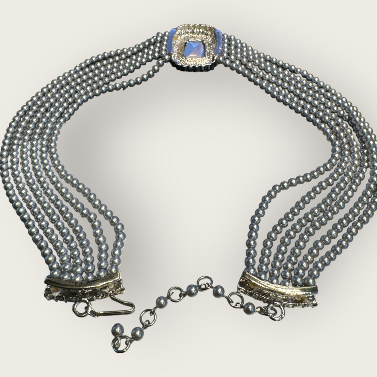 Vintage Six-Strand Gray Glass Pearl Necklace with Large Cushion-Cut Glass Centerpiece & Crystal Rhinestones