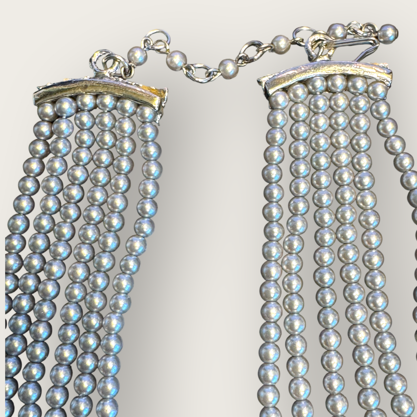 Vintage Six-Strand Gray Glass Pearl Necklace with Large Cushion-Cut Glass Centerpiece & Crystal Rhinestones