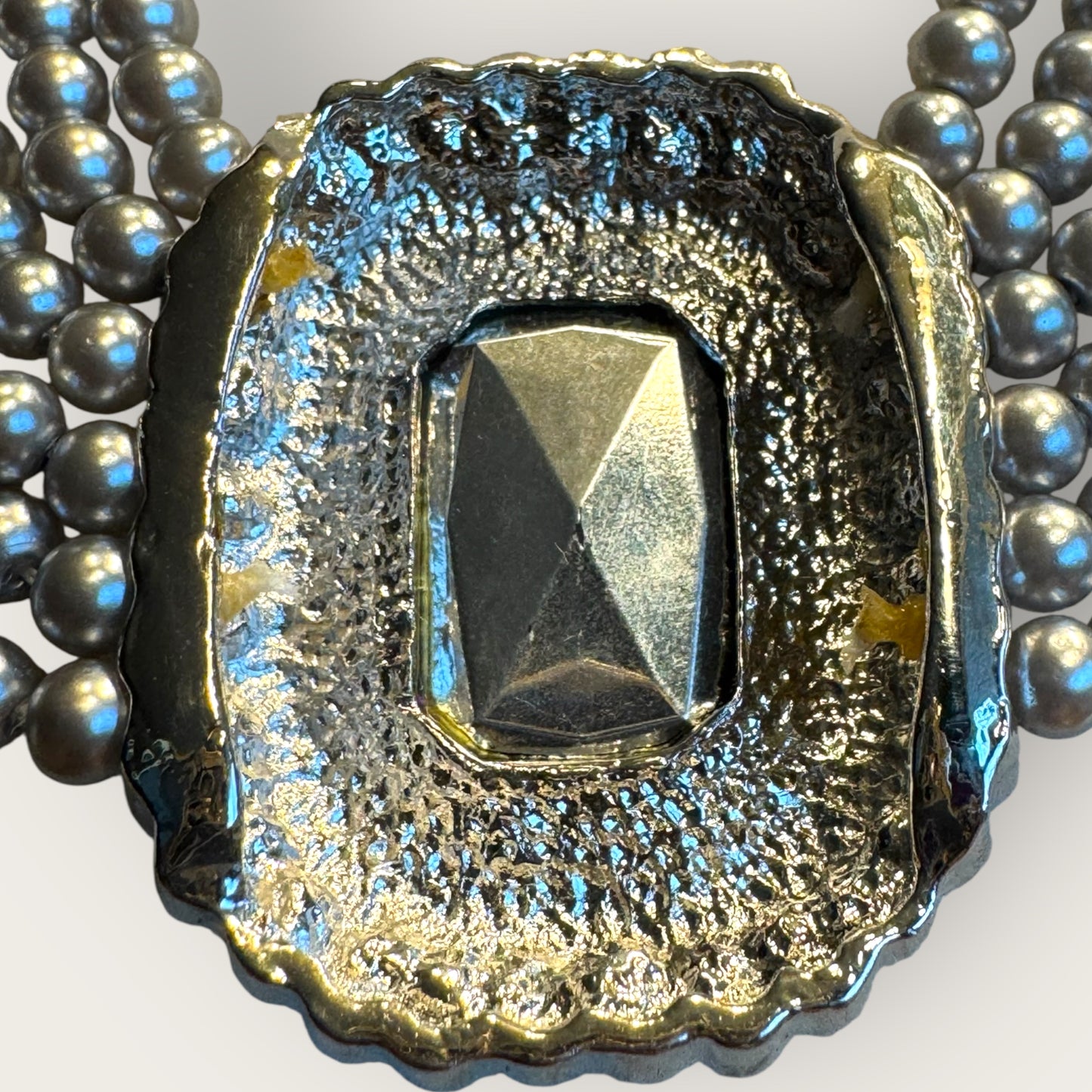 Vintage Six-Strand Gray Glass Pearl Necklace with Large Cushion-Cut Glass Centerpiece & Crystal Rhinestones