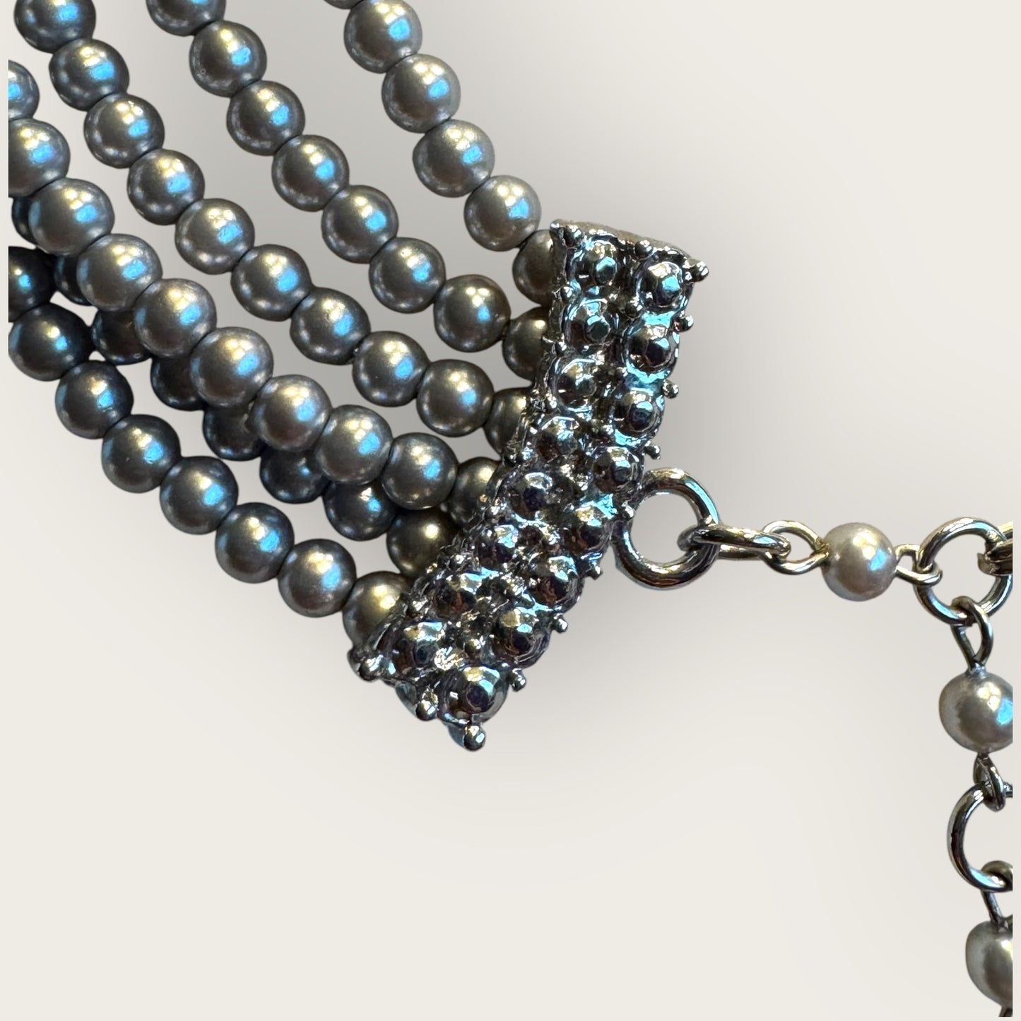Vintage Six-Strand Gray Glass Pearl Necklace with Large Cushion-Cut Glass Centerpiece & Crystal Rhinestones