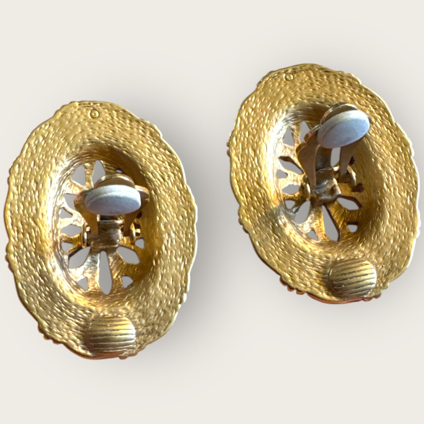 Vintage Cobalt Blue Enamel Oval Statement Earrings, Matte Gold-Tone Runway Clip-Ons (1980s)