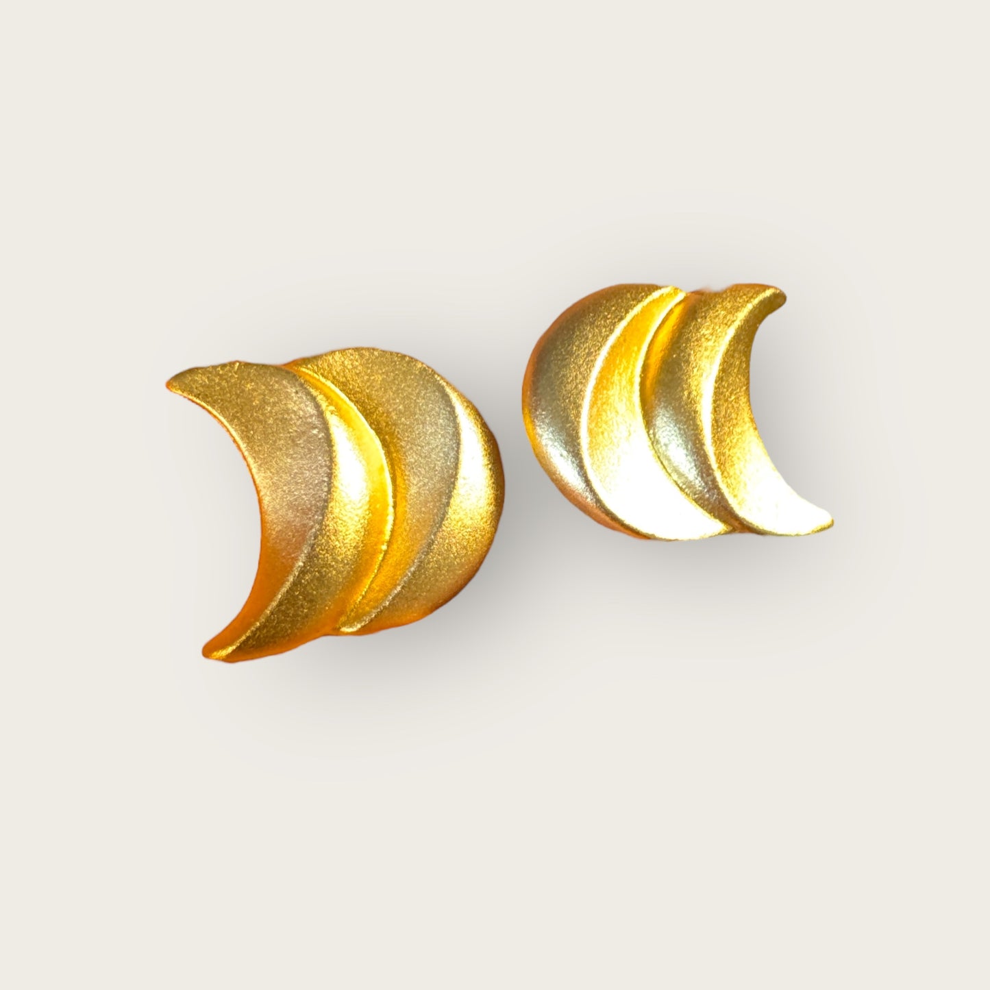 Vintage Ellen Designs Crescent Moon Earrings, Matte Gold Double-Moon Clip-Ons, Signed 1980s Designer