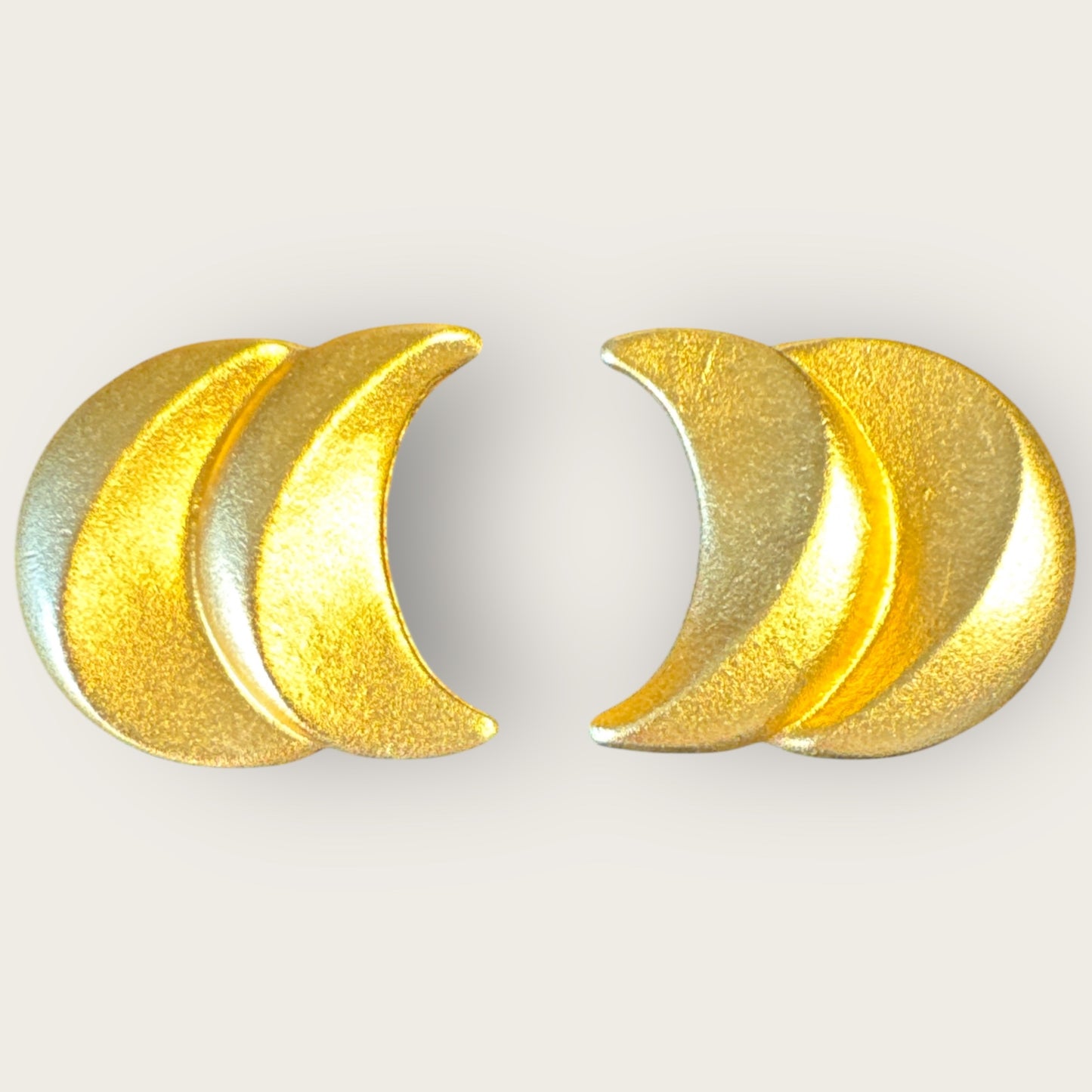 Vintage Ellen Designs Crescent Moon Earrings, Matte Gold Double-Moon Clip-Ons, Signed 1980s Designer