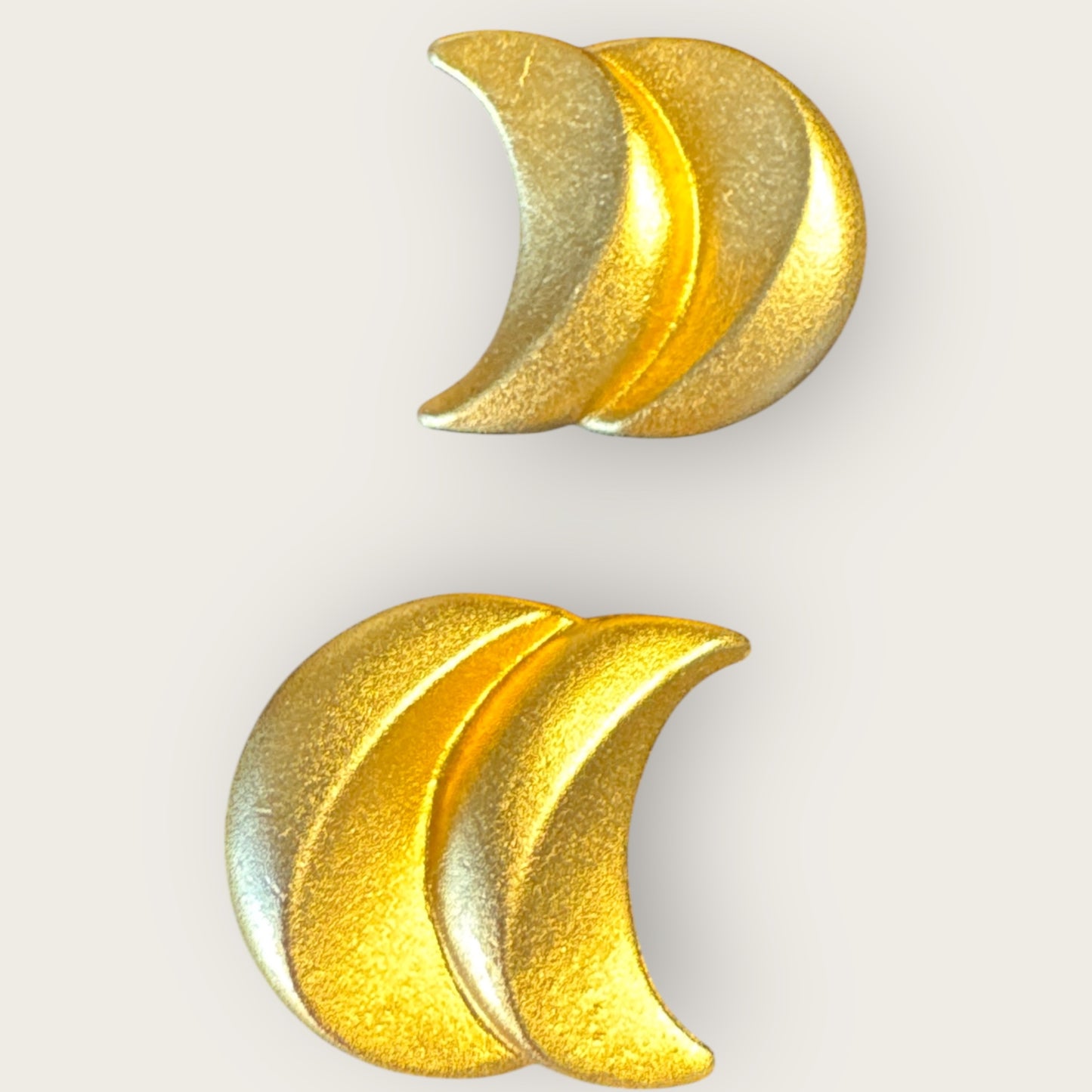 Vintage Ellen Designs Crescent Moon Earrings, Matte Gold Double-Moon Clip-Ons, Signed 1980s Designer