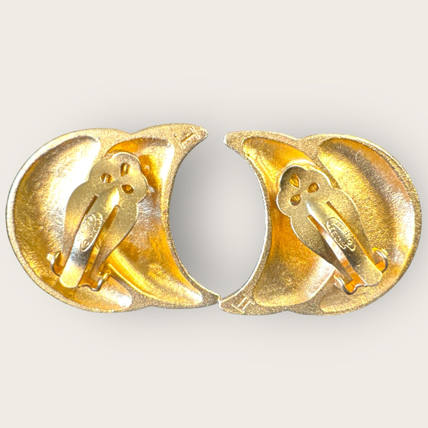 Vintage Ellen Designs Crescent Moon Earrings, Matte Gold Double-Moon Clip-Ons, Signed 1980s Designer