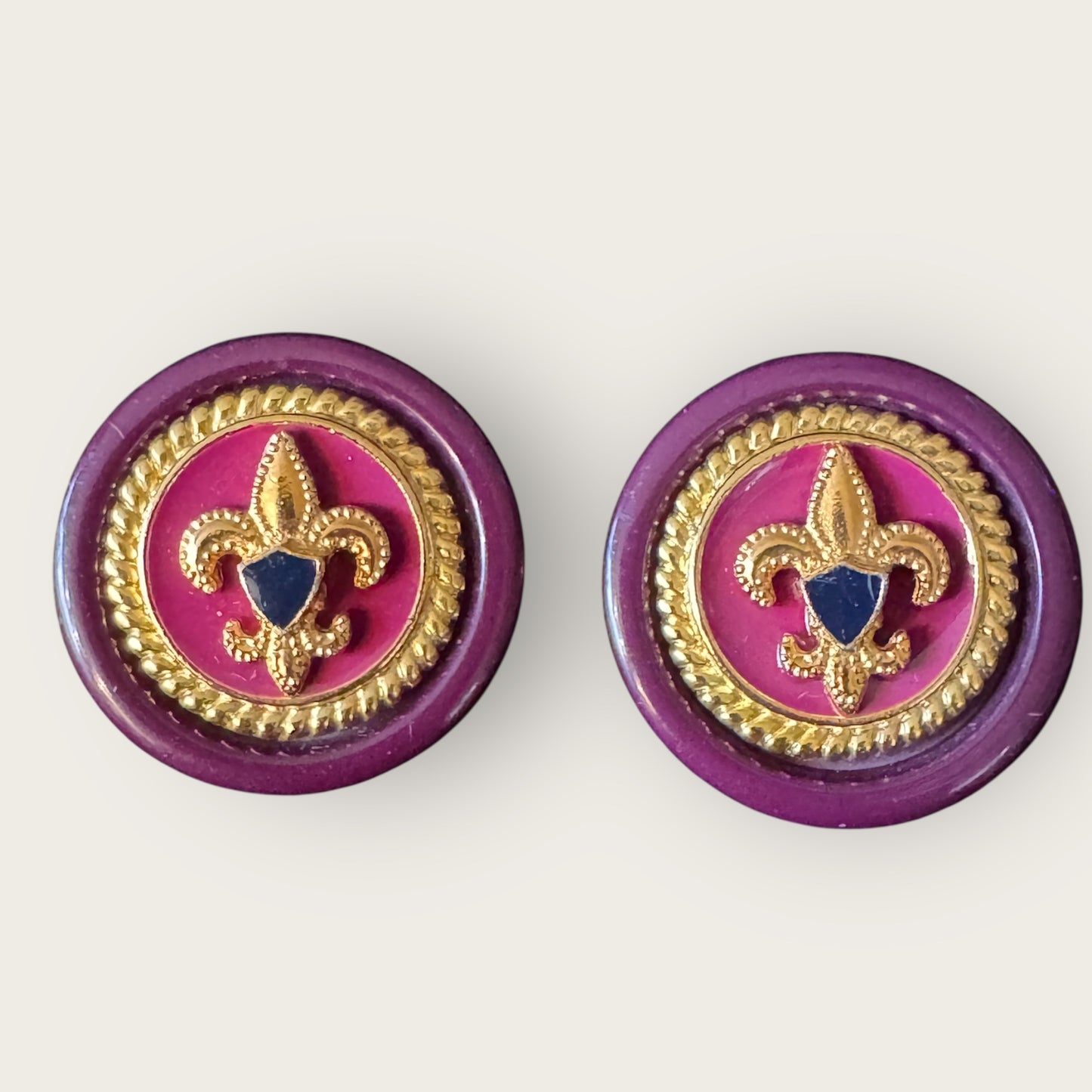 Vintage Maroon Acrylic Fleur-de-Lis Earrings with Gold Tone and Enamel Shield, Post Back Statement Jewelry