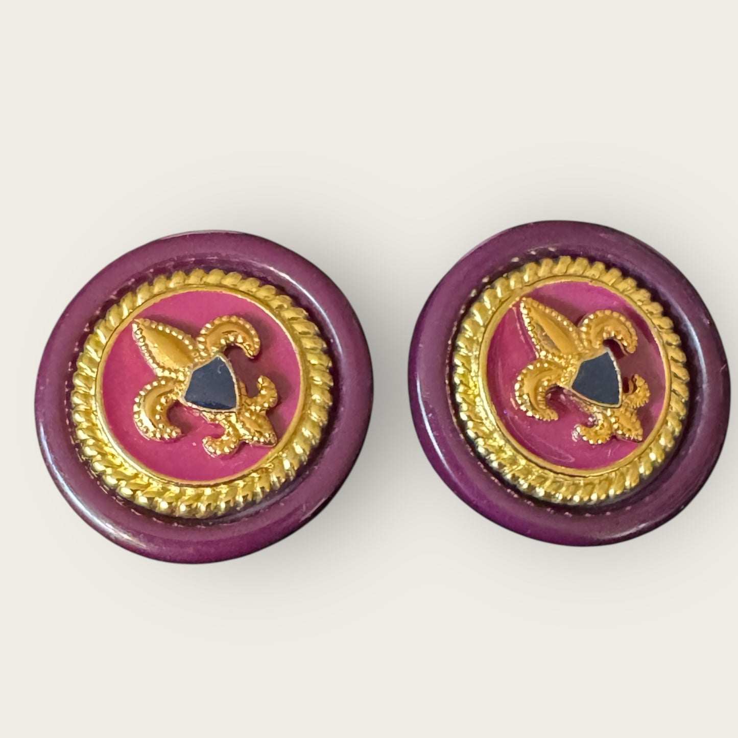 Vintage Maroon Acrylic Fleur-de-Lis Earrings with Gold Tone and Enamel Shield, Post Back Statement Jewelry