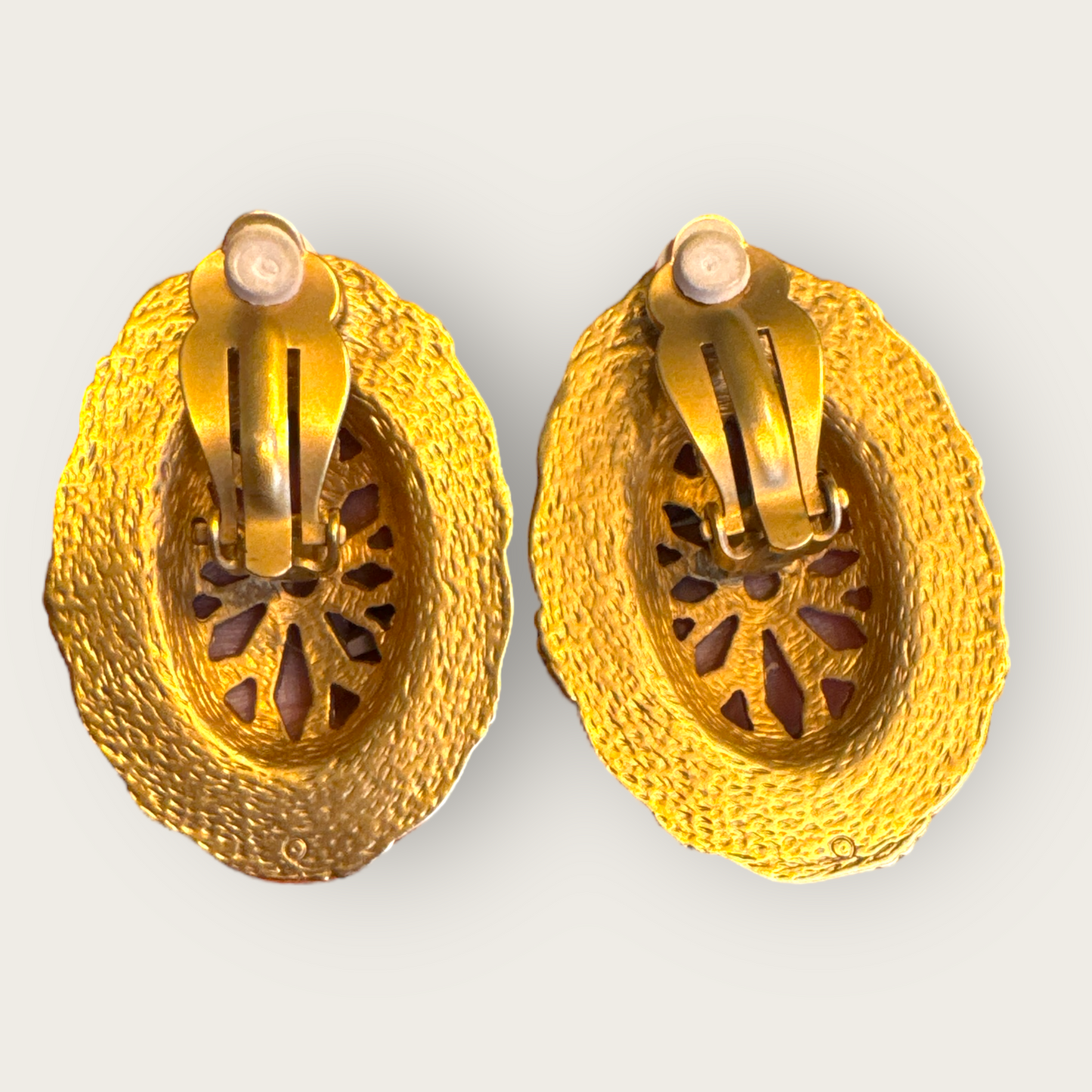 Vintage Cobalt Blue Enamel Oval Statement Earrings, Matte Gold-Tone Runway Clip-Ons (1980s)