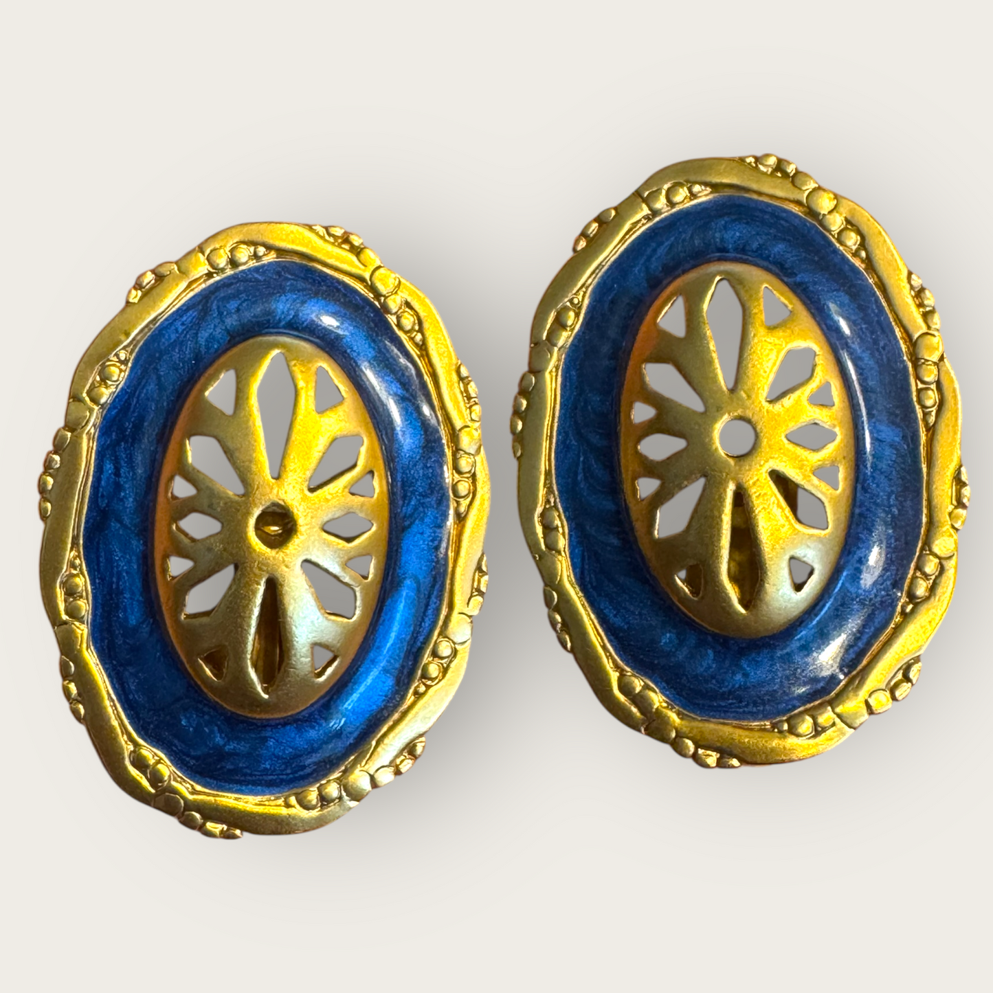 Vintage Cobalt Blue Enamel Oval Statement Earrings, Matte Gold-Tone Runway Clip-Ons (1980s)
