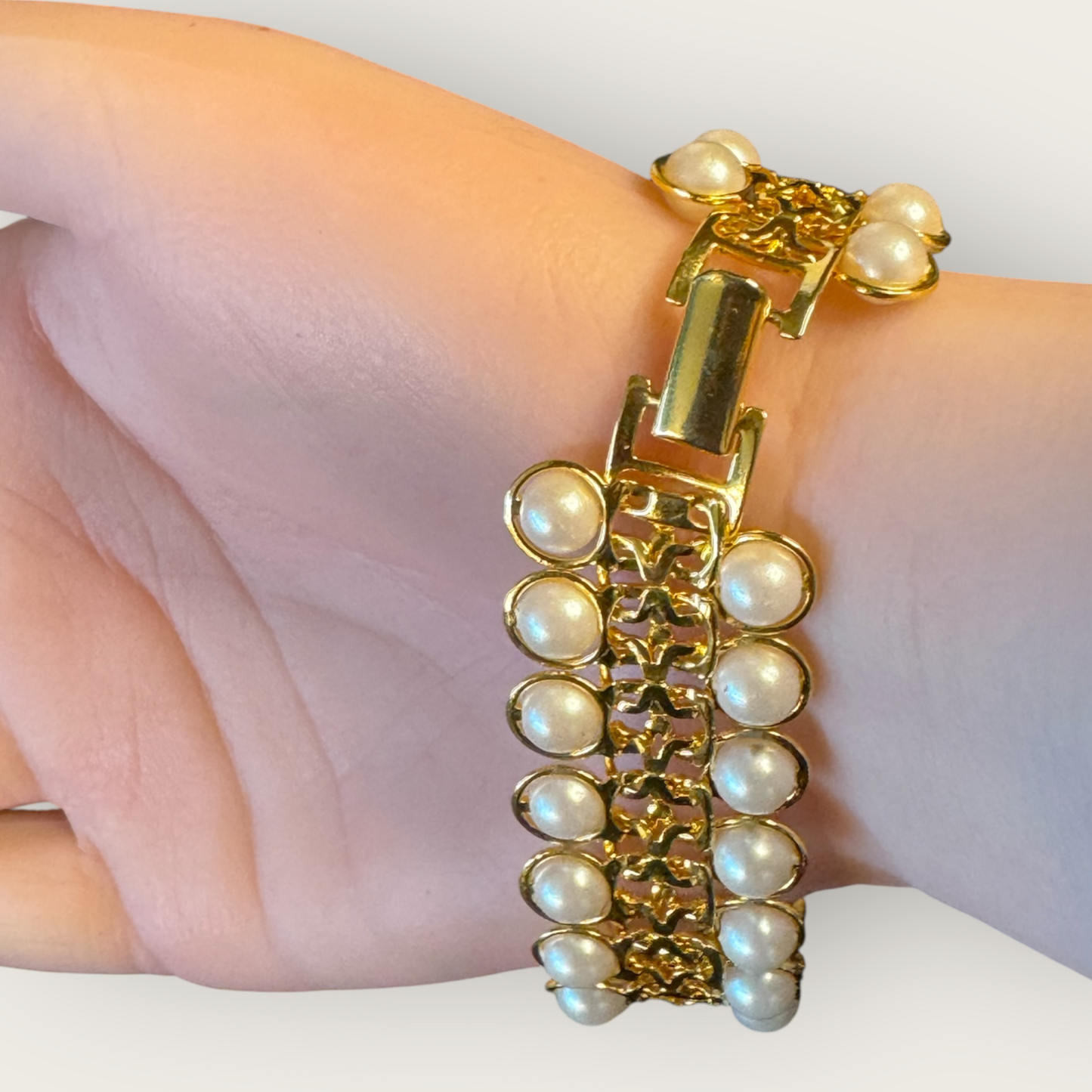 Vintage Avon Faux Pearl Gold-Tone Wide Bracelet – Signed, 7 1/4”, Statement Costume Jewelry