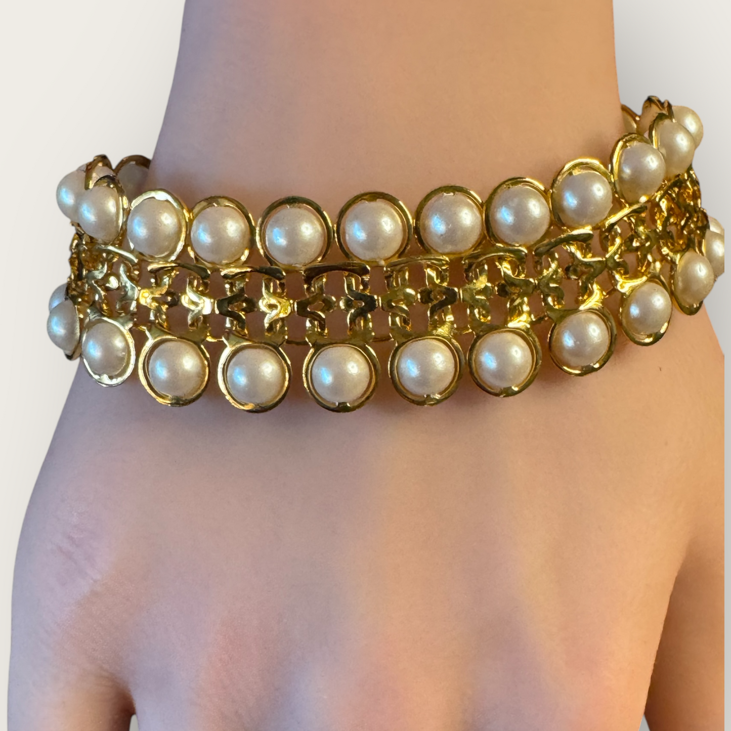 Vintage Avon Faux Pearl Gold-Tone Wide Bracelet – Signed, 7 1/4”, Statement Costume Jewelry