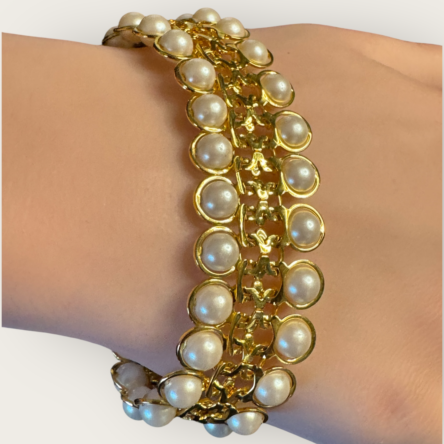 Vintage Avon Faux Pearl Gold-Tone Wide Bracelet – Signed, 7 1/4”, Statement Costume Jewelry