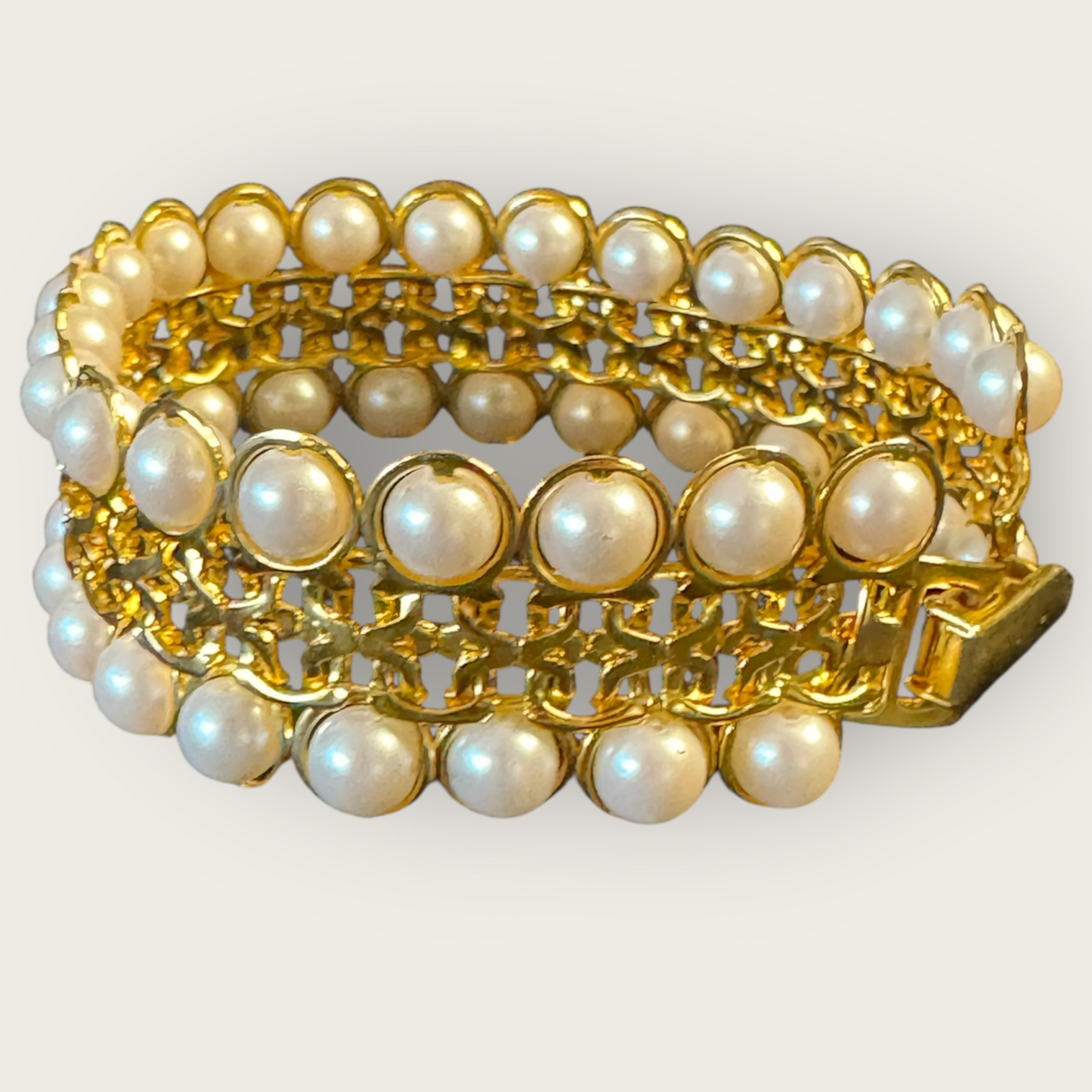 Vintage Avon Faux Pearl Gold-Tone Wide Bracelet – Signed, 7 1/4”, Statement Costume Jewelry