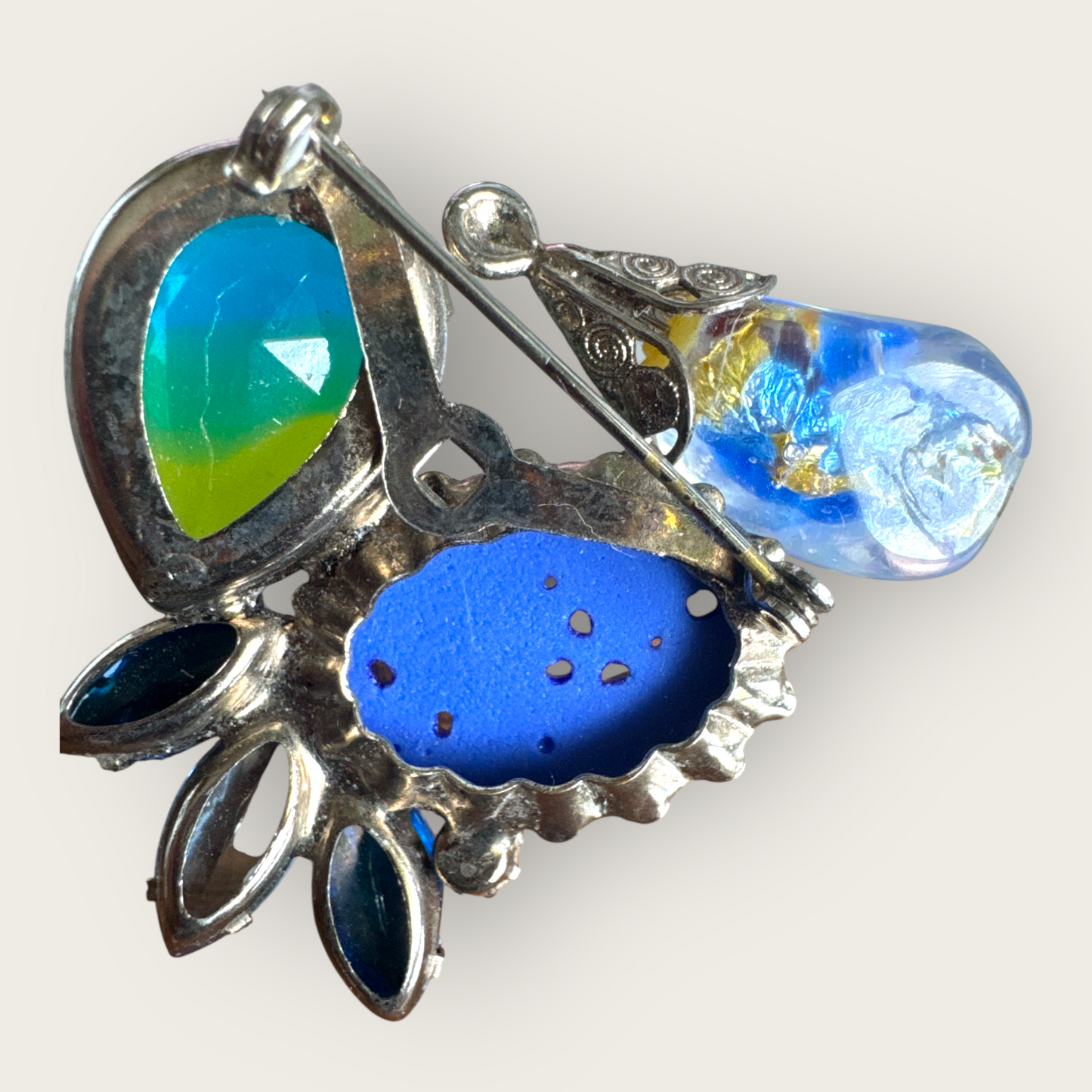 Czech Art Glass Statement Brooch, 1930s–40s: Lapis-Blue Floral, Watermelon Teardrop & Foil Drop