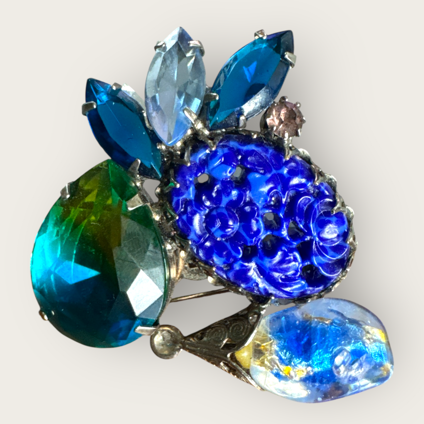 Czech Art Glass Statement Brooch, 1930s–40s: Lapis-Blue Floral, Watermelon Teardrop & Foil Drop