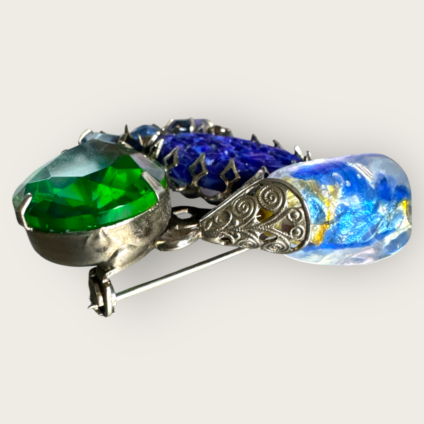 Czech Art Glass Statement Brooch, 1930s–40s: Lapis-Blue Floral, Watermelon Teardrop & Foil Drop