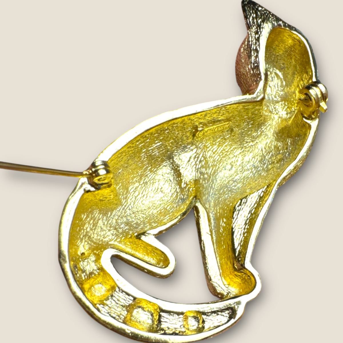 Vintage Christian Dior Couture Gold Cat Brooch with Crystal Accents – Signed Designer Statement Jewelry