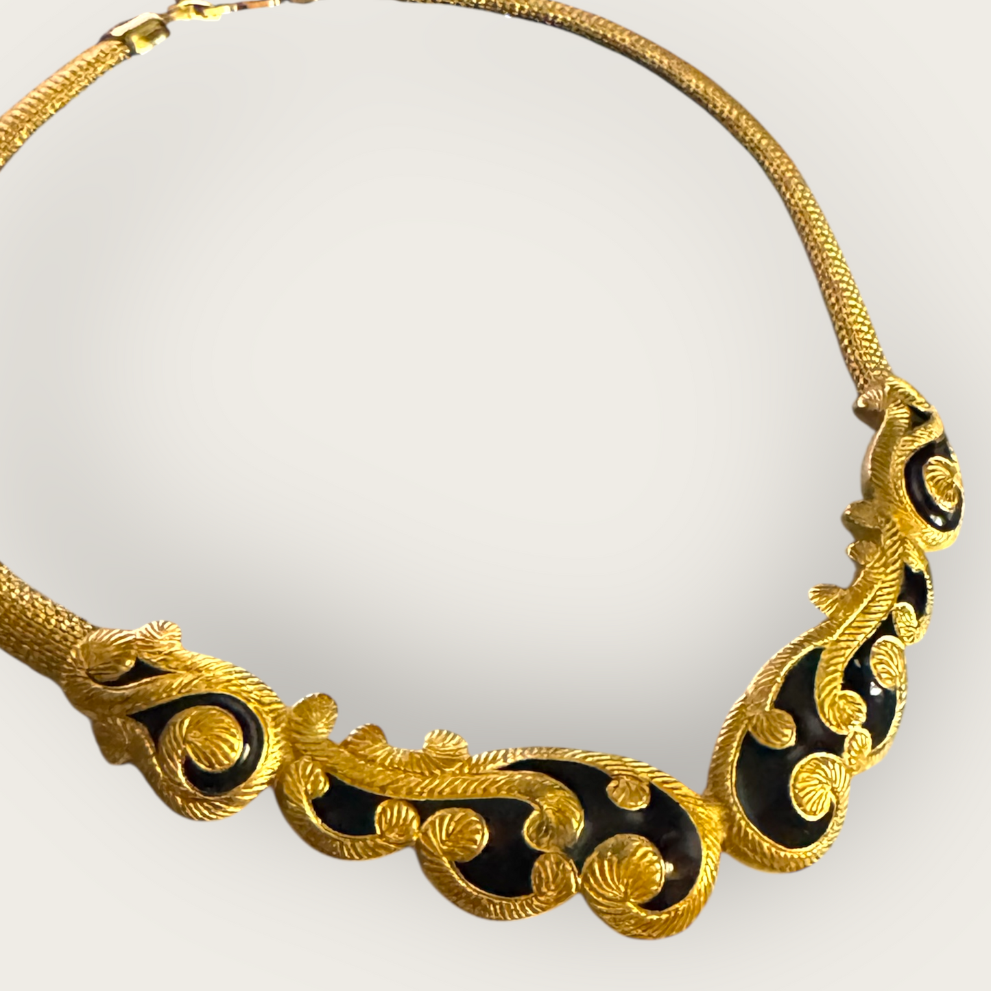 Vintage Christian Dior Couture Gold & Black Enamel Choker Necklace – Signed 1980s Designer Statement Jewelry