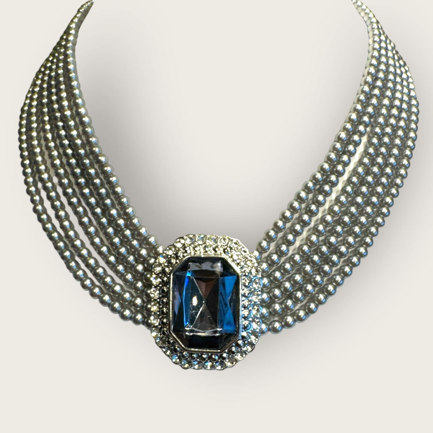 Vintage Six-Strand Gray Glass Pearl Necklace with Large Cushion-Cut Glass Centerpiece & Crystal Rhinestones