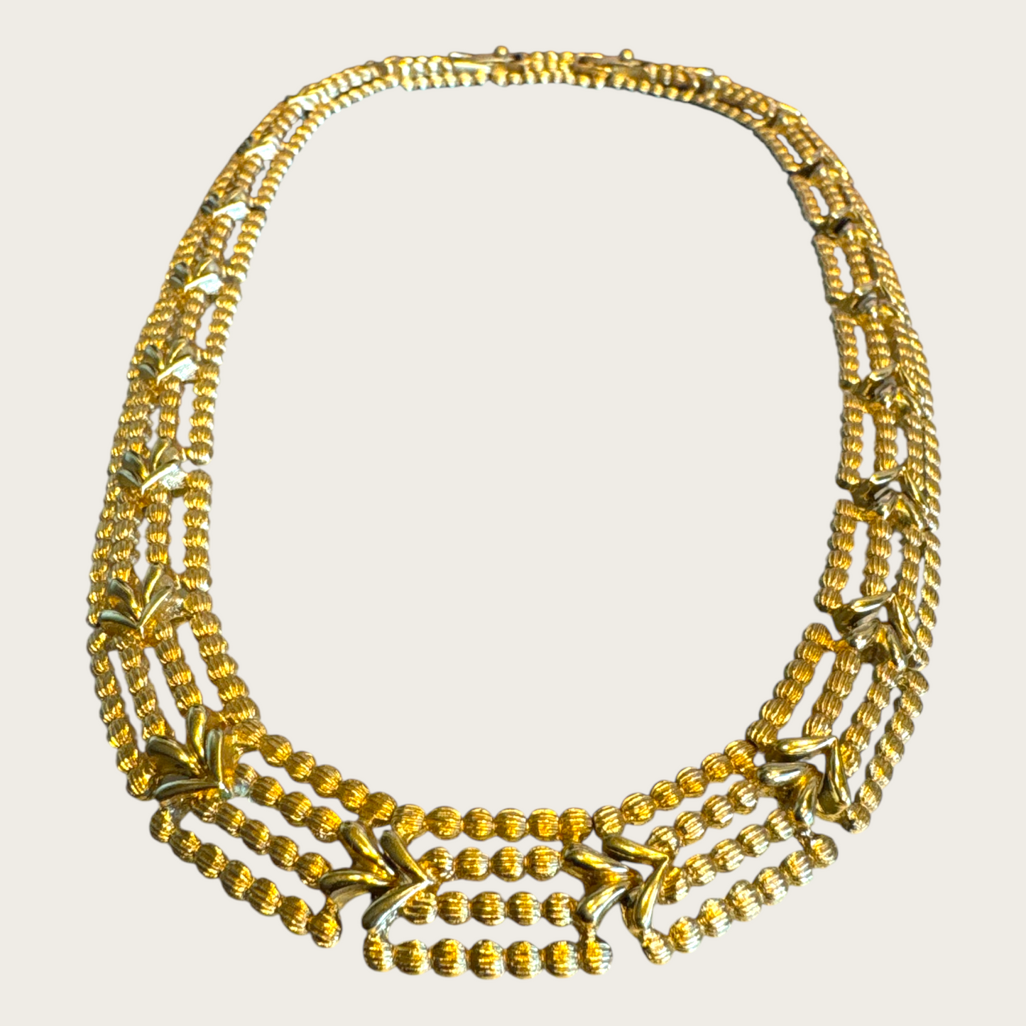Vintage Monet Articulated Panel Necklace with Beaded Texture and V-Link Design, Signed, Adjustable 16”