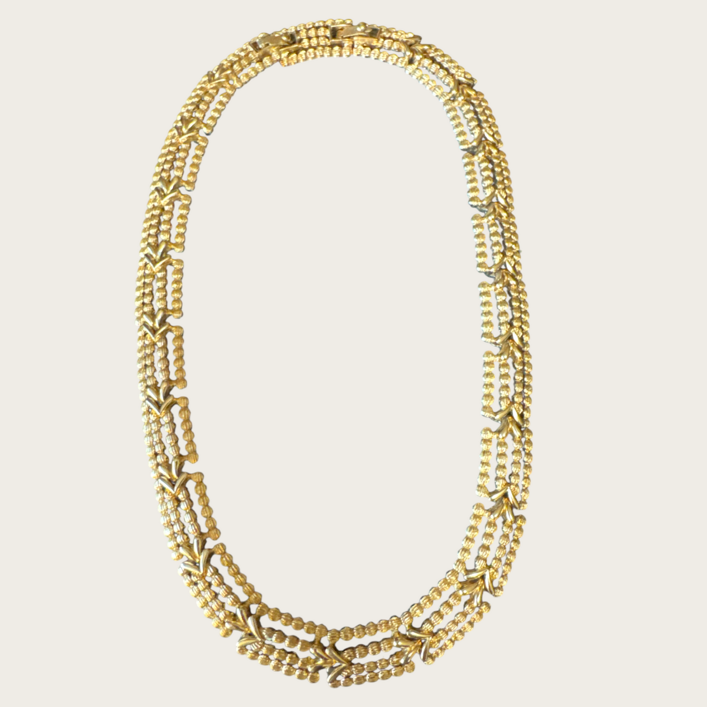 Vintage Monet Articulated Panel Necklace with Beaded Texture and V-Link Design, Signed, Adjustable 16”