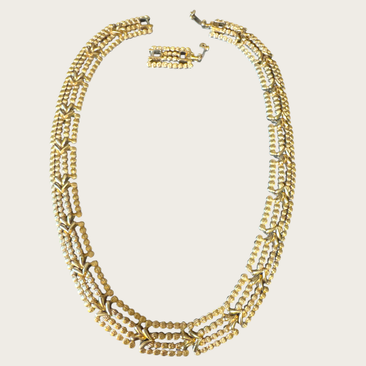Vintage Monet Articulated Panel Necklace with Beaded Texture and V-Link Design, Signed, Adjustable 16”