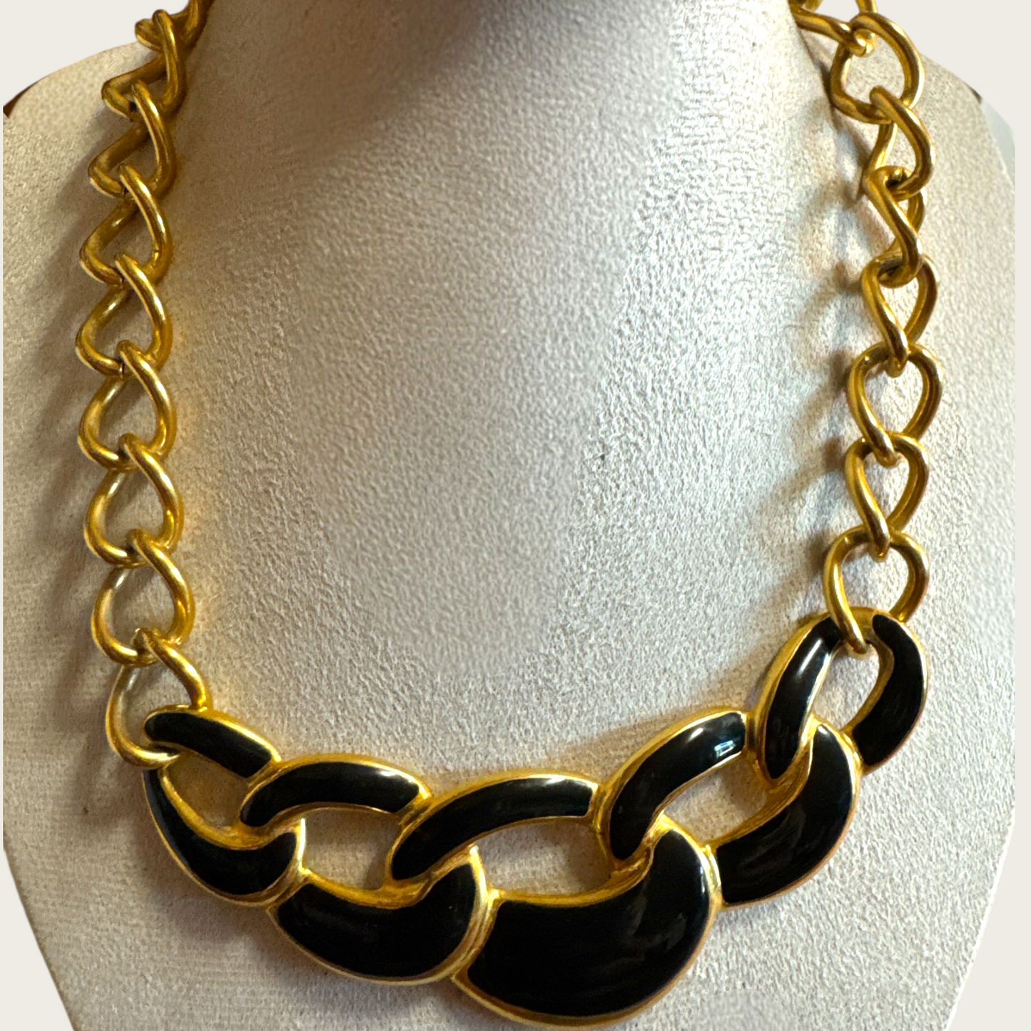 Vintage Napier Black Enamel and Gold-Tone Link Necklace – Patent Pending, 16 Inches