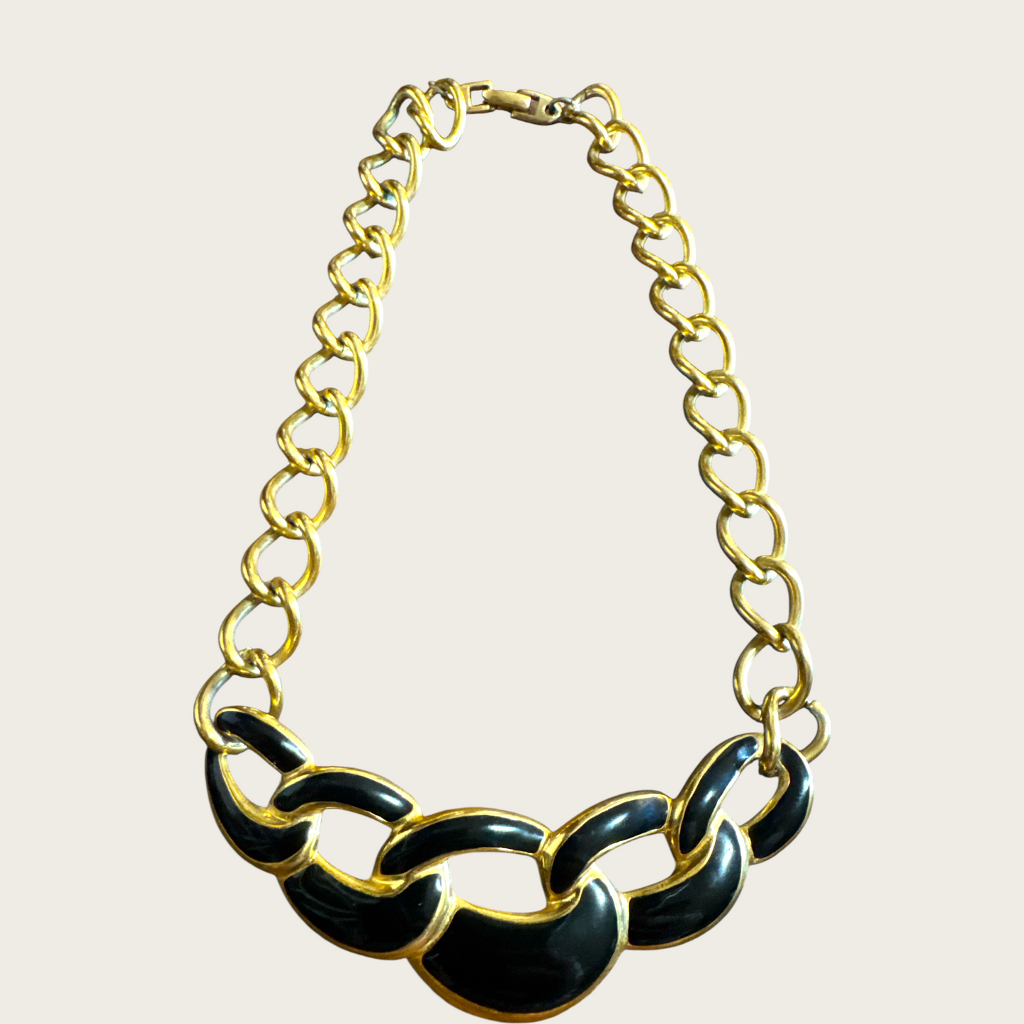Vintage Napier Black Enamel and Gold-Tone Link Necklace – Patent Pending, 16 Inches