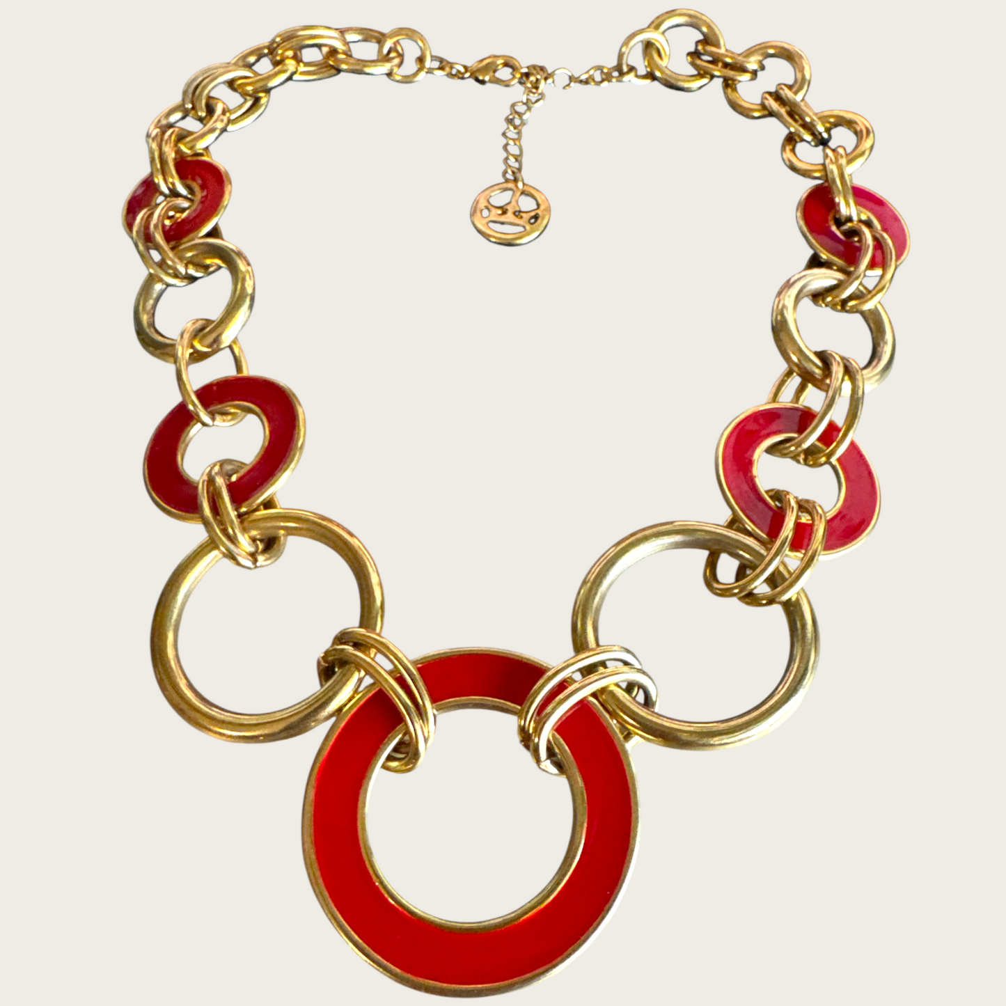 Vintage Crown Trifari Red Enamel and Gold-Tone Circle Necklace – Signed 1980s Statement Jewelry